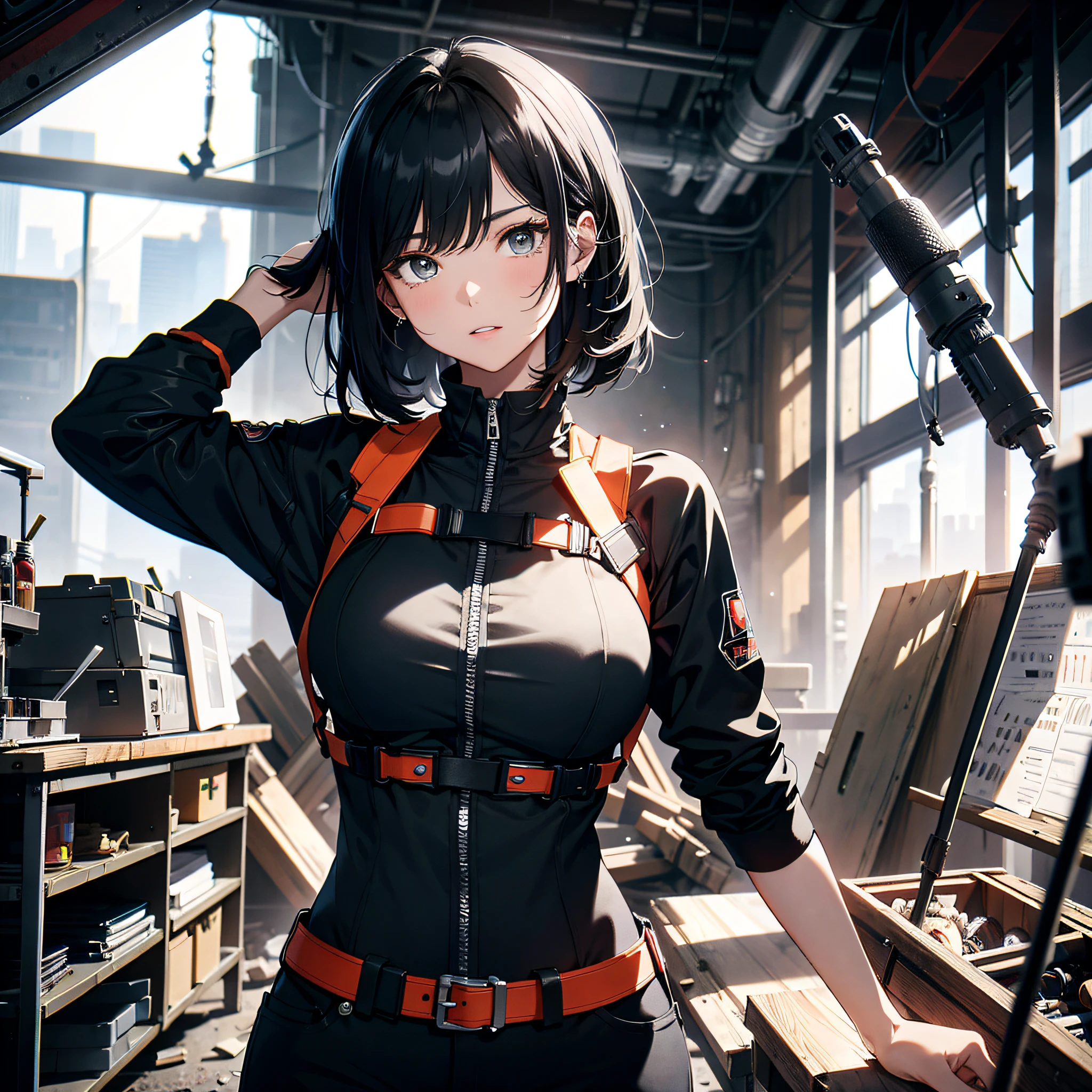 Absurd resolution, high resolution, (masterpiece: 1.4), hyper-detail, inside an abandoned factory, black-haired young woman dressed as a technician, very surprised and shocked expression, high-tech workbench, tech-sense screen, a lot of tech robotic arms