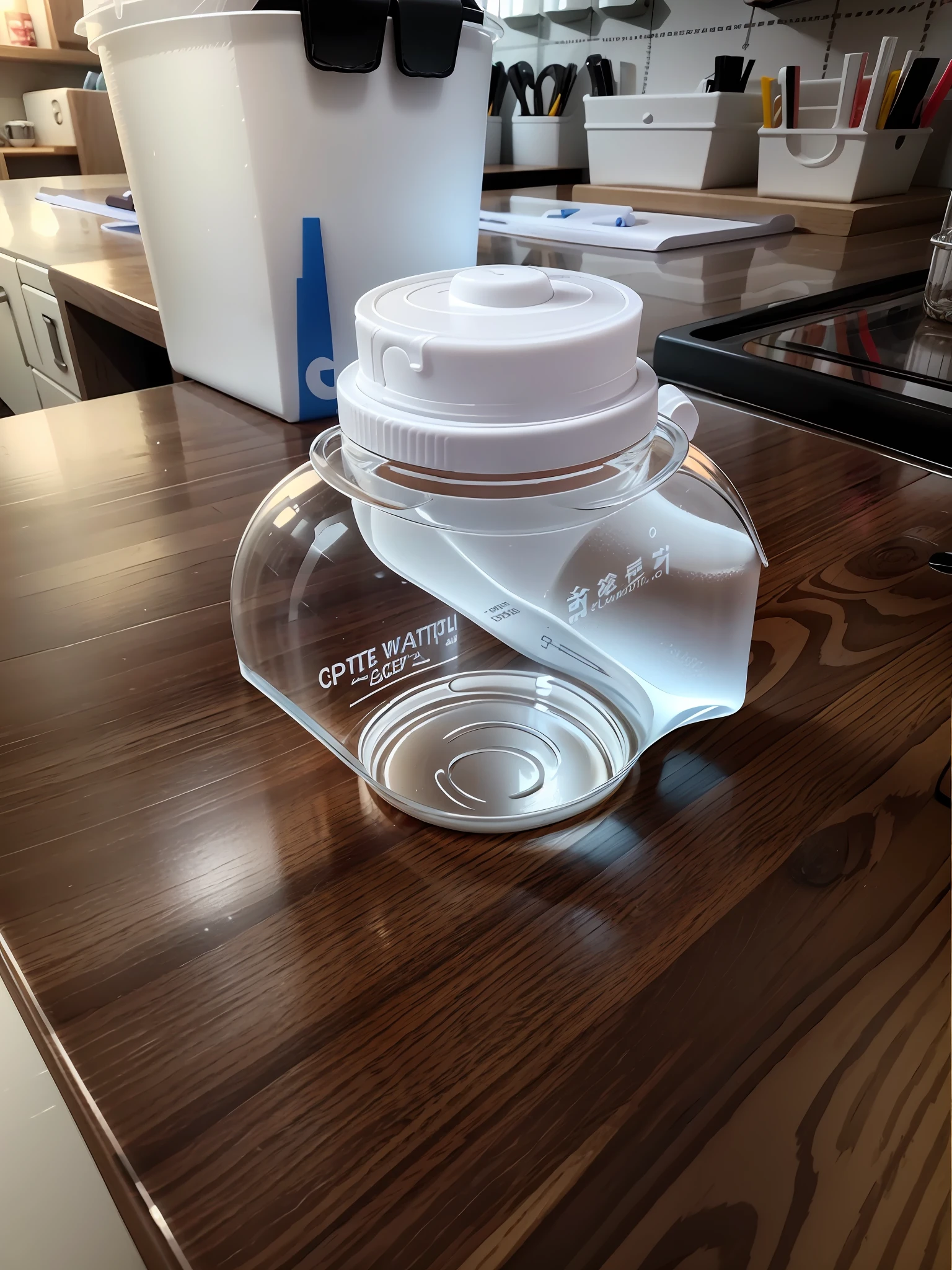 acrylic water cup with white lid, pop-up lid, plastic lid, built-in straw, product design, cartoon style, cartoon design, cute, 3d rendering, with clear glass, capacity ruler,