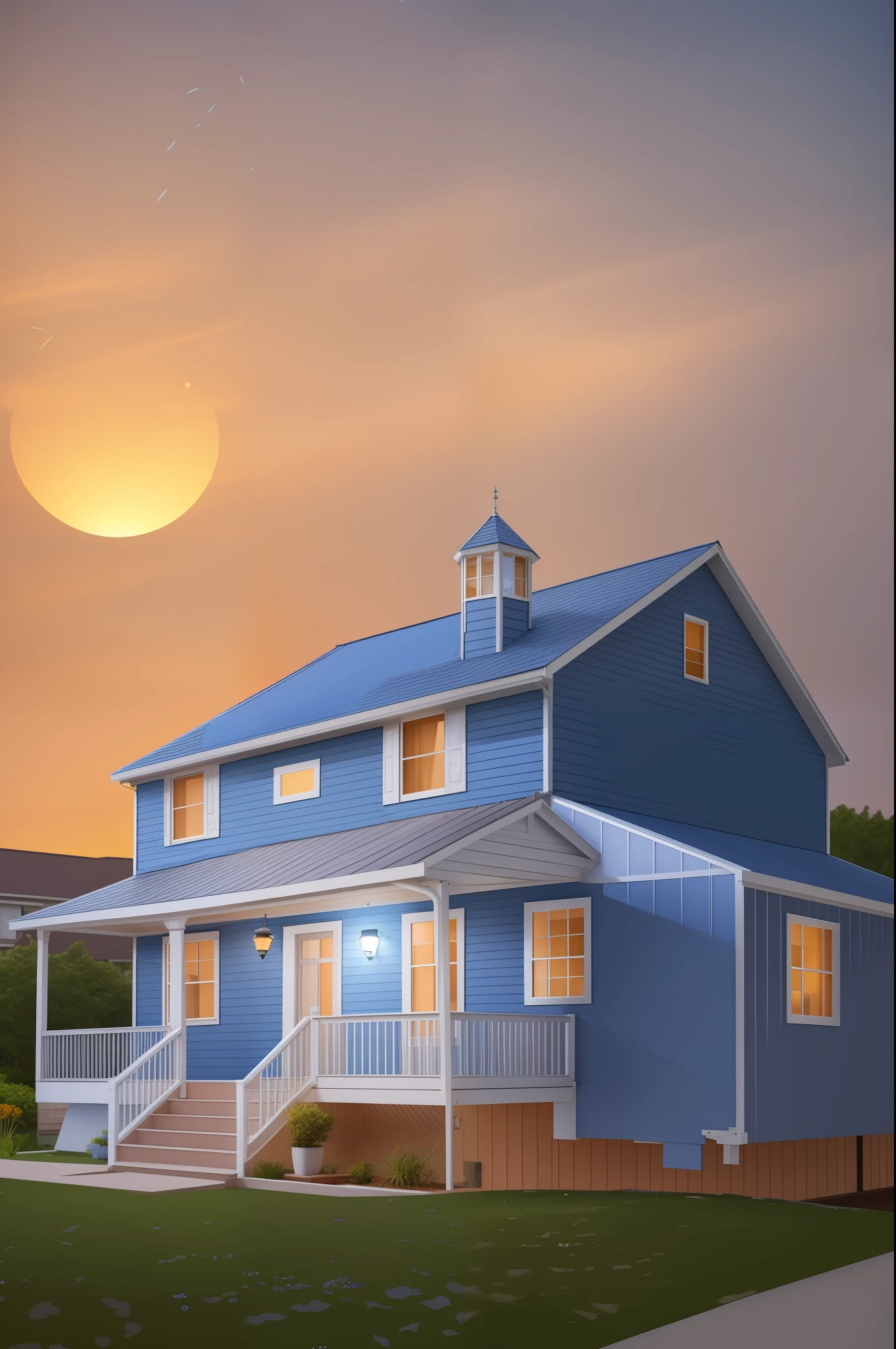 Daytime photo of a house with balcony and balcony with stairs, taken with sigma 2 0 mm f 1. 4, photographed with a 20mm canon lens, bottom angle, rising sun, orange and blue sky, inspired by Gregory Crewdson, taken with canon 5d mk4, illuminated from side, high quality image, 3/4 extra - wide shot,