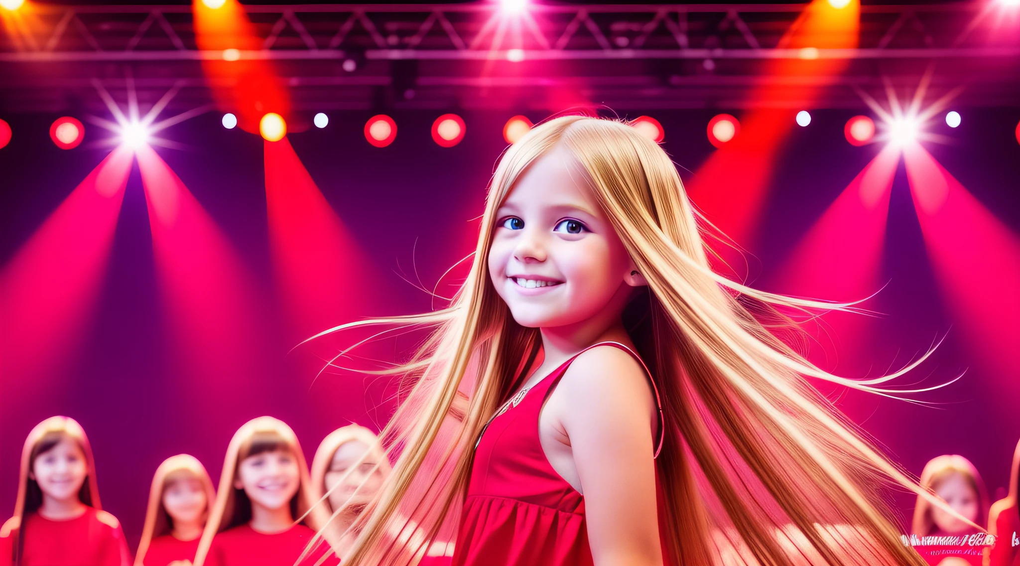 girls blonde children WITH STRAIGHT HAIR,RED BACKGROUND, (best quality, masterpiece), 1girl, idol, singing, happy, backlighting, long hair, stage, looking at the viewer,