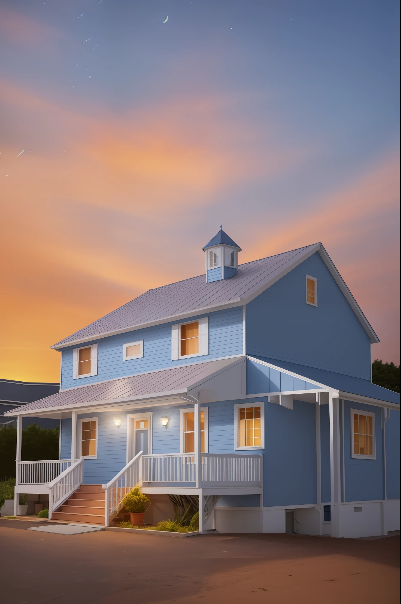 Daytime photo of a house with balcony and balcony with stairs, taken with sigma 2 0 mm f 1. 4, photographed with a 20mm canon lens, bottom angle, rising sun, orange and blue sky, inspired by Gregory Crewdson, taken with canon 5d mk4, illuminated from side, high quality image, 3/4 extra - wide shot,