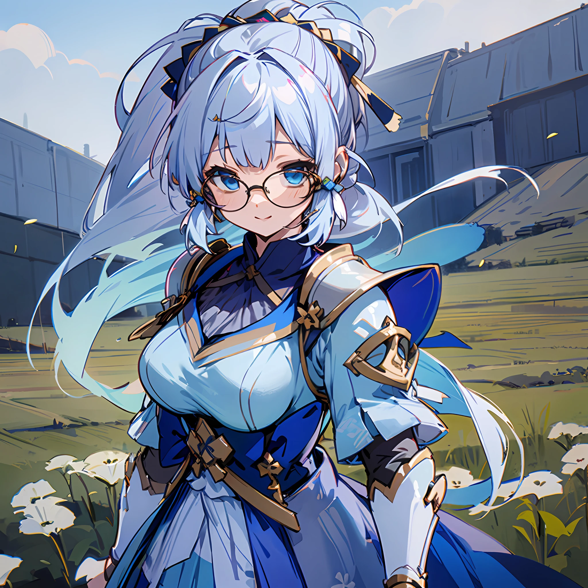 Ayaka, the Solemn Knight with a Ponytail, wearing Glasses and White Hair, is standing in the middle of a Field Background, adding a touch of Knight Armor(0.7) to her charm. She has a Medium Breast and an inviting Smile with her Hair Accessories,