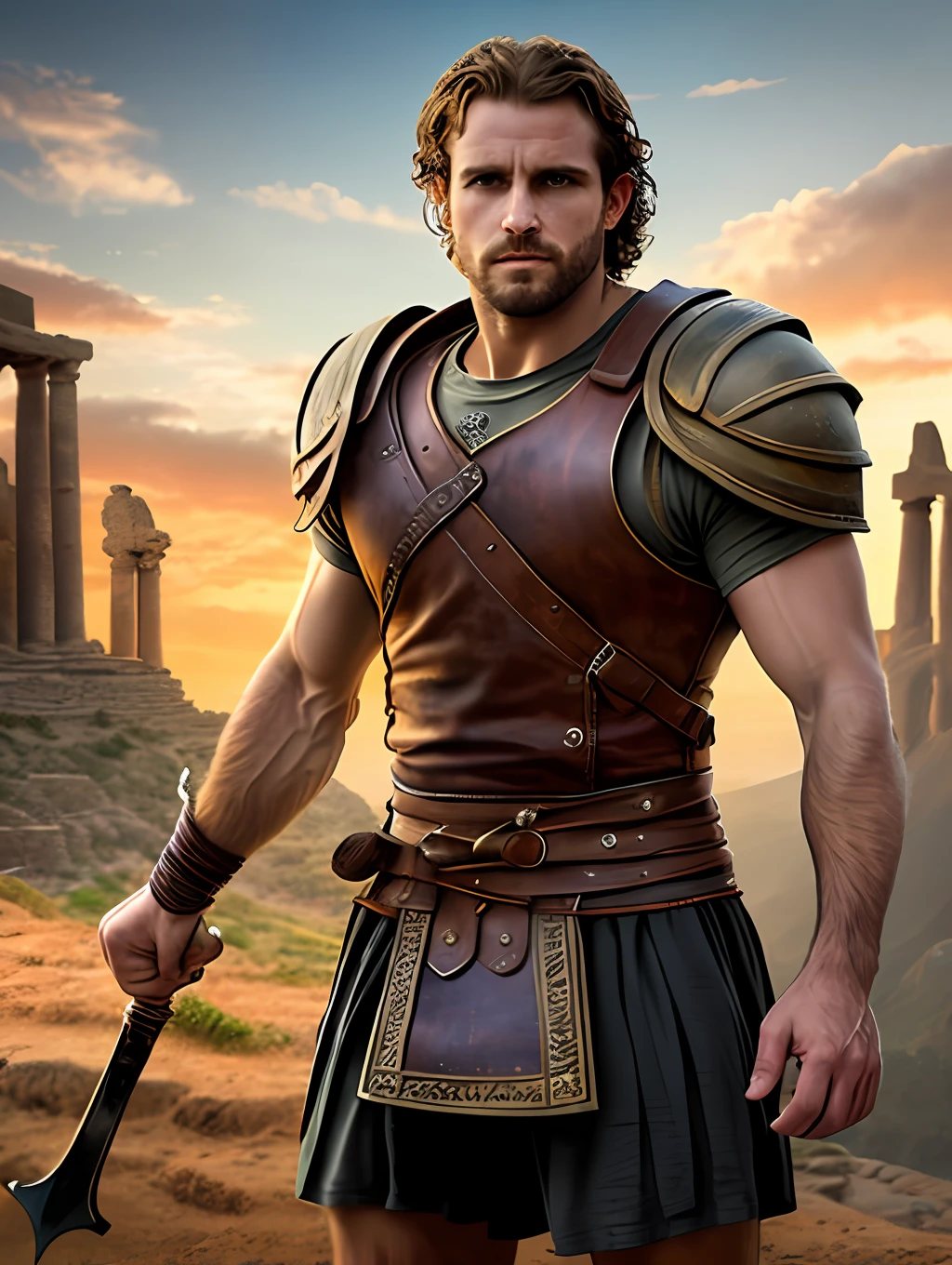 masterpiece, detailed, intricate, epic fantasy, colorful, full body, slight angle, man, 20 years old, hulking, brawny, fitted, ankle wraps, very hairy torso, fine detailed, running, intense action, dynamic juxtaposition, skimpy revealing slavery outfit, receding hairline, smirk, gladiator, with a sword, blades, big ancient city background, pointing away, depth of field, particle effects, high quality shadows