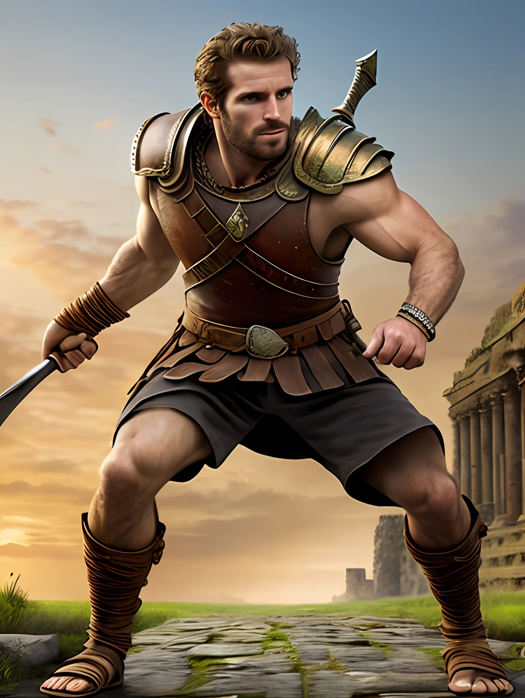 masterpiece, detailed, intricate, epic fantasy, colorful, full body, slight angle, man, 20 years old, hulking, brawny, fitted, ankle wraps, very hairy torso, fine detailed, running, intense action, dynamic juxtaposition, skimpy revealing slavery outfit, receding hairline, smirk, gladiator, with a sword, blades, big ancient city background, pointing away, depth of field, particle effects, high quality shadows