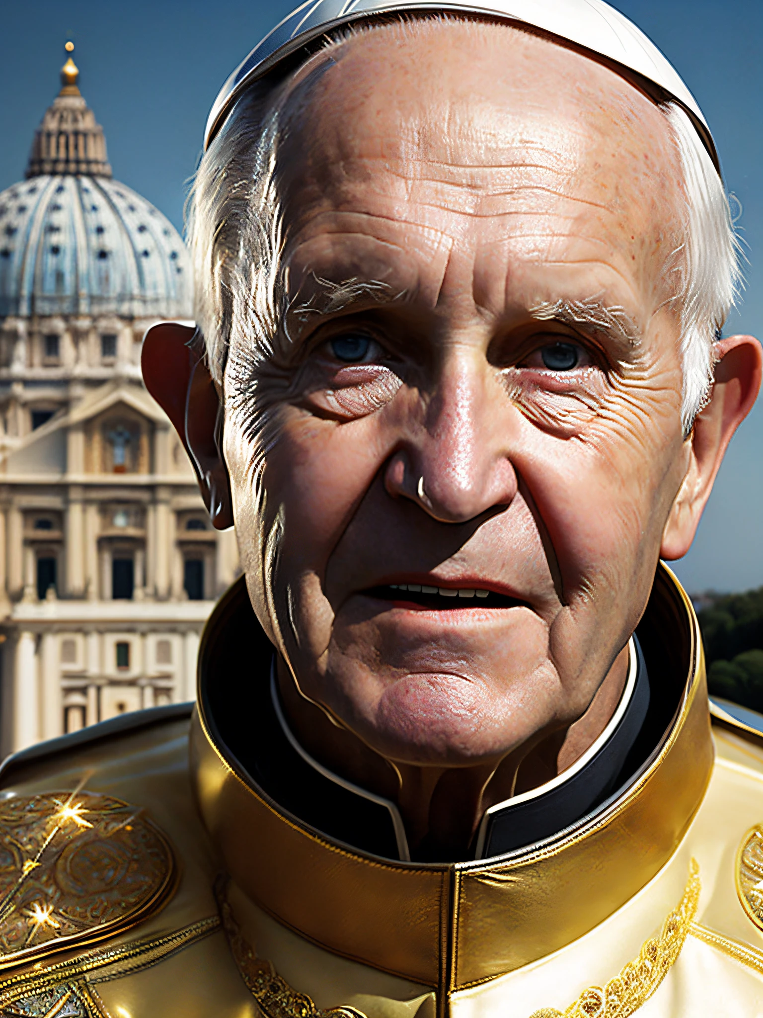 long-range photo of Pope John Paul II, wearing superhero uniform, (flying), film still, tight clothing, cover to the ground blowing in the wind, (flying high above Vatican), RAW photography of the highest quality, detailed background, intricate, exquisite details and textures, highly detailed, ultra detailed photography, warm lighting, art station, 4k, sharp focus,  high resolution, detailed skin, detailed eyes, 8k uhd, dslr, high quality, grain film, phase one,