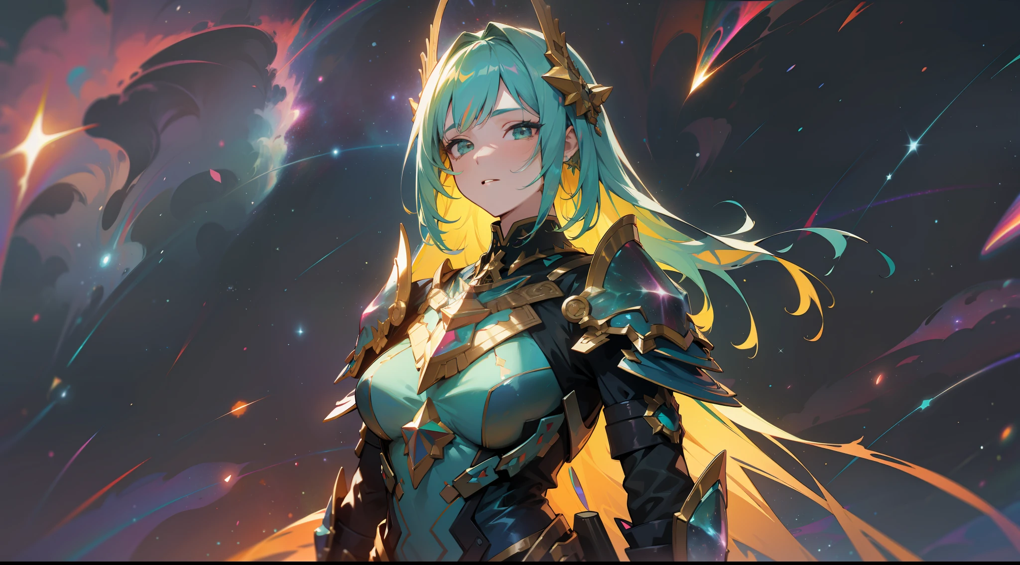 women with rainbow colored hair and detailed teal dress armor, standing, rainbow colored cosmic nebula background, stars, galaxies, intricate details, perfect face