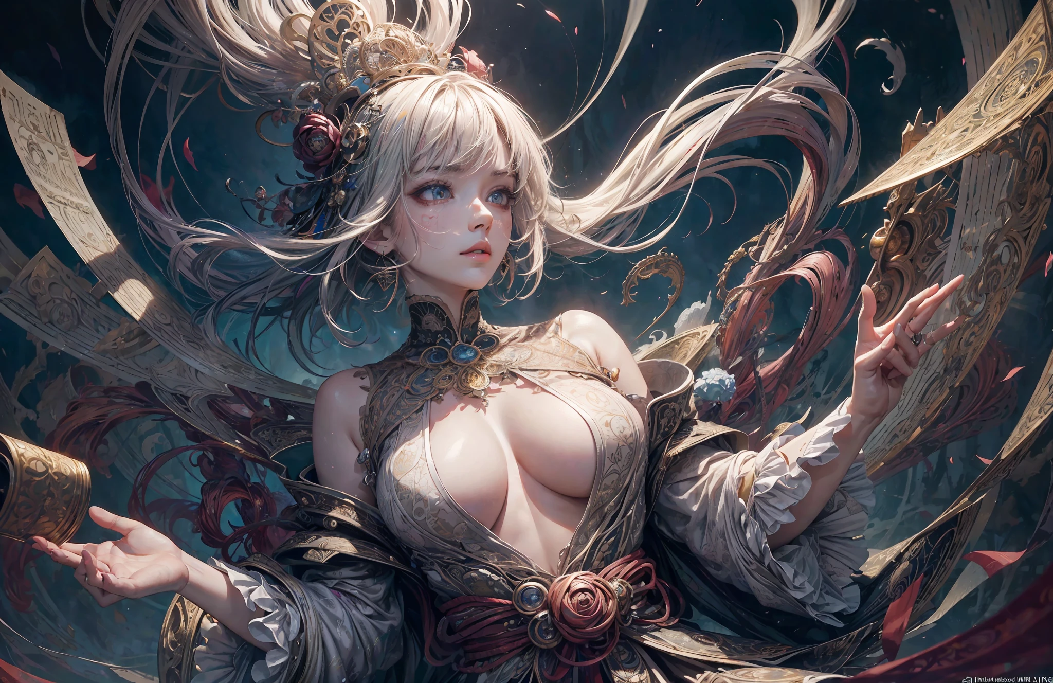 ((Best quality)), ((masterpiece)), ((highly intricate details)),beautiful, high quality, highres, absurdres, light difussion, intricate details, complex details, ((anime)), (anime:1.2) , (perfect face:1.3), extreme detailed eyes, colorful, highest detailed, vibrant colors, high contrast, (8K UHD:1.2), (photorealistic:1.2),(masterpiece:1.4), (best quality:1.4), realistic, 1girl medium breasts, official art, unity 8k wallpaper, ultra detailed, beautiful and aesthetic, masterpiece, best quality, (zentangle, mandala, tangle, entangle), (fractal art:1.3) , 1girl, extremely detailed, dynamic angle, cowboyshot, the most beautiful form of chaos, elegant, a brutalist designed, vivid colours, romanticism, by james jean, roby dwi antono, ross tran, francis bacon, michal mraz, adrian ghenie, petra cortright, gerhard richter, takato yamamoto, ashley wood, atmospheric, ecstasy of musical notes, streaming musical notes visible