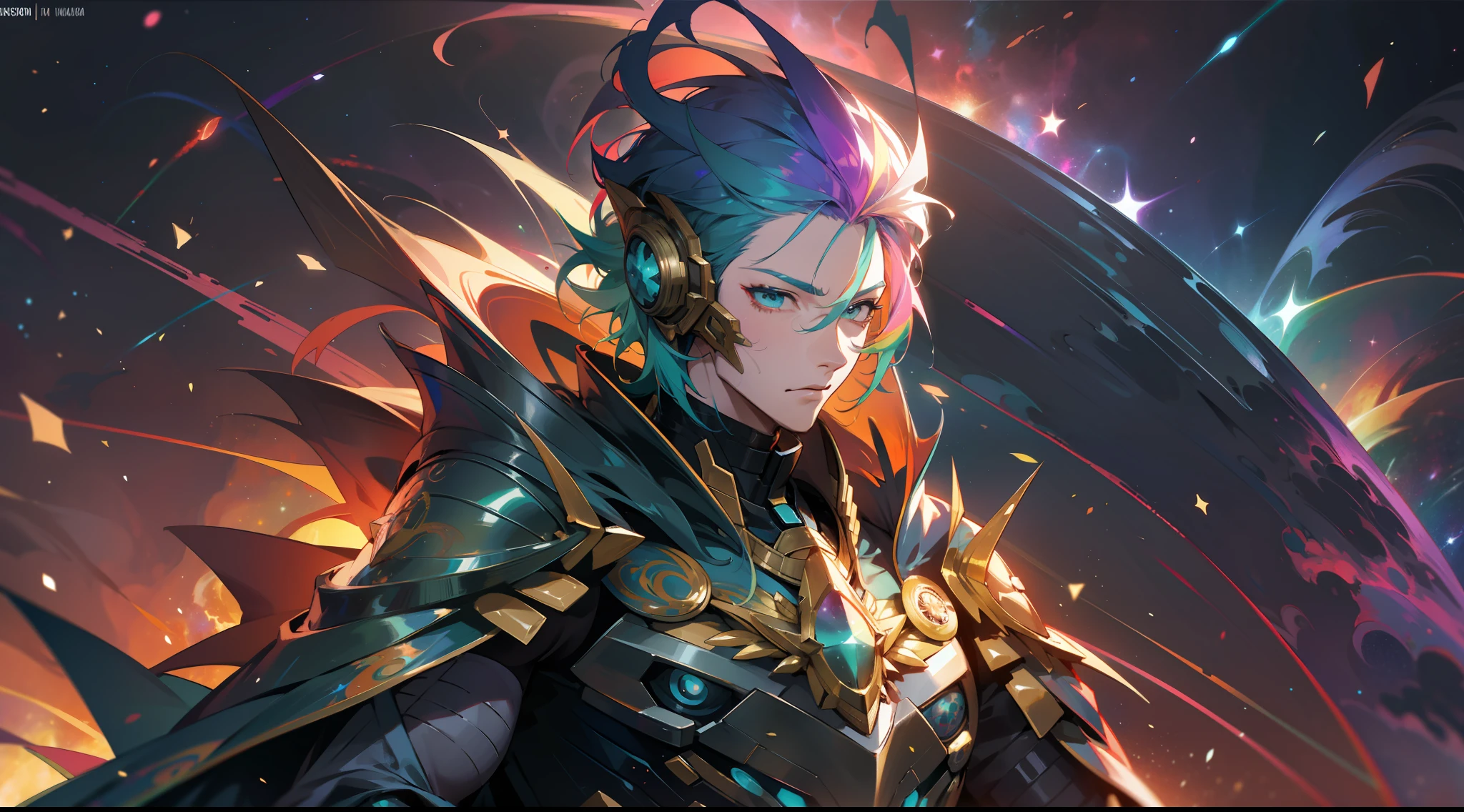 men with rainbow colored hair and detailed teal armor, standing, rainbow colored cosmic nebula background, stars, galaxies, intricate details, perfect face