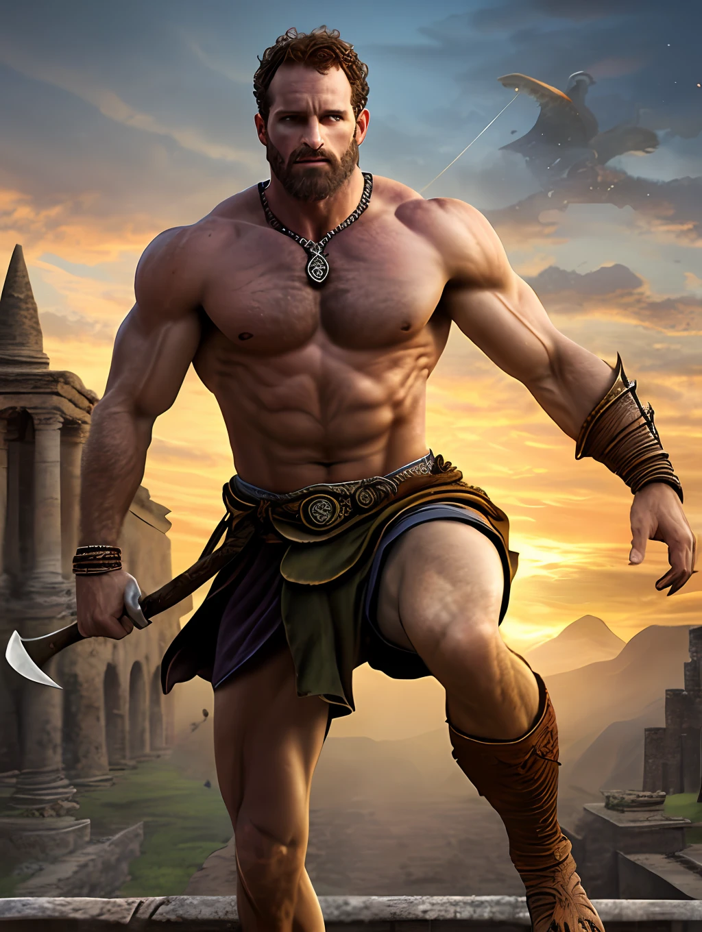 masterpiece, detailed, intricate, epic fantasy, colorful, full body, slight angle, man, 30 years old, hulking, brawny, fitted, ankle wraps, very hairy torso, fine detailed, running, intense action, dynamic juxtaposition, skimpy revealing slavery outfit, receding hairline, smirk, gladiator, with a sword, blades, big ancient city background, pointing away, depth of field, particle effects, high quality shadows, intense action