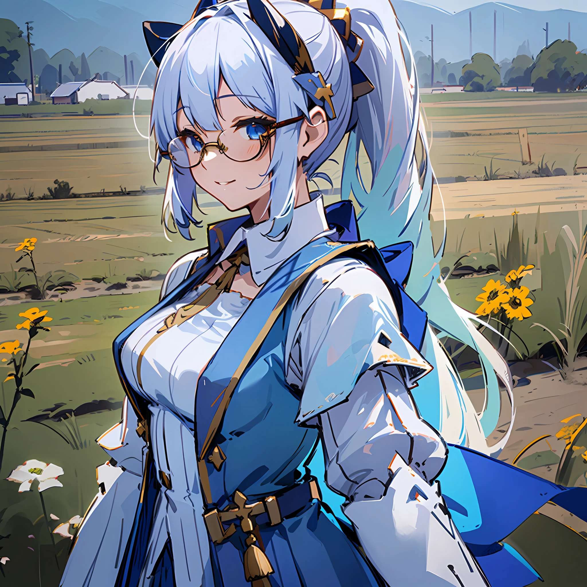 Ayaka, the Solemn Knight with a Ponytail, wearing Glasses and White Hair, is standing in the middle of a Field Background, adding a touch of Knight Armor(0.7) to her charm. She has a Medium Breast and an inviting Smile with her Hair Accessories,