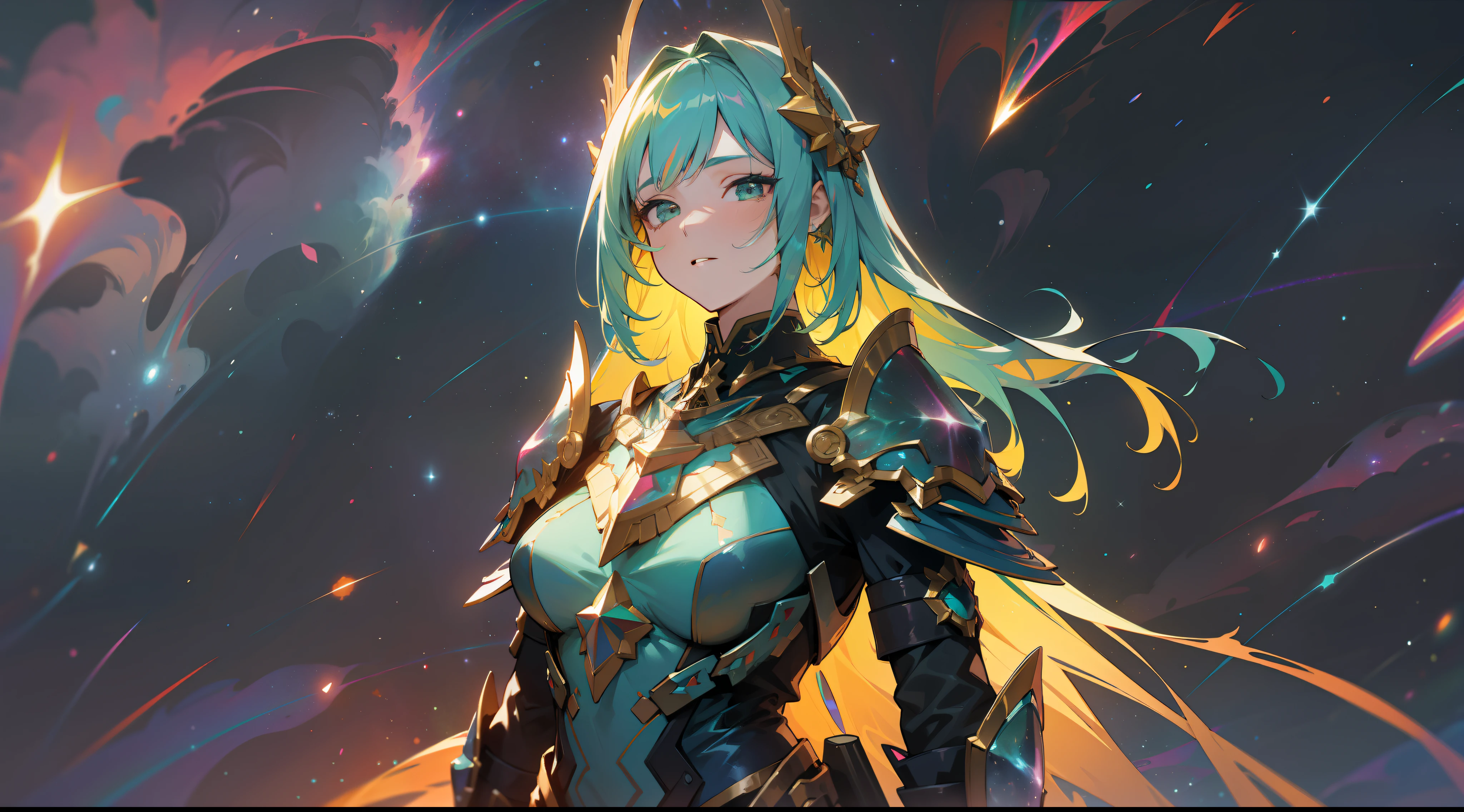 women with rainbow colored hair and detailed teal dress armor, standing, rainbow colored cosmic nebula background, stars, galaxies, intricate details, perfect face