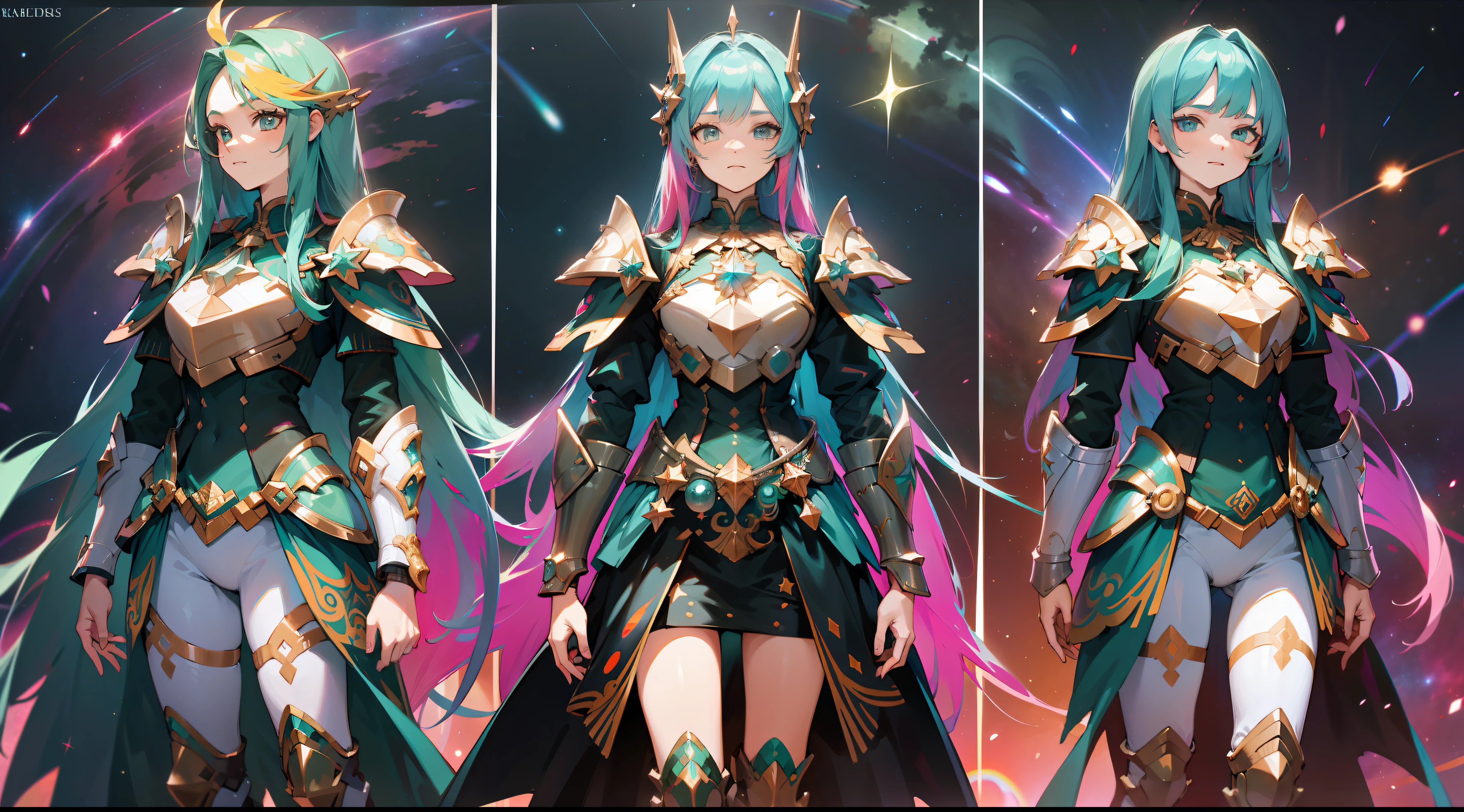 women with rainbow colored hair and detailed teal dress armor, standing, rainbow colored cosmic nebula background, stars, galaxies, intricate details, perfect face
