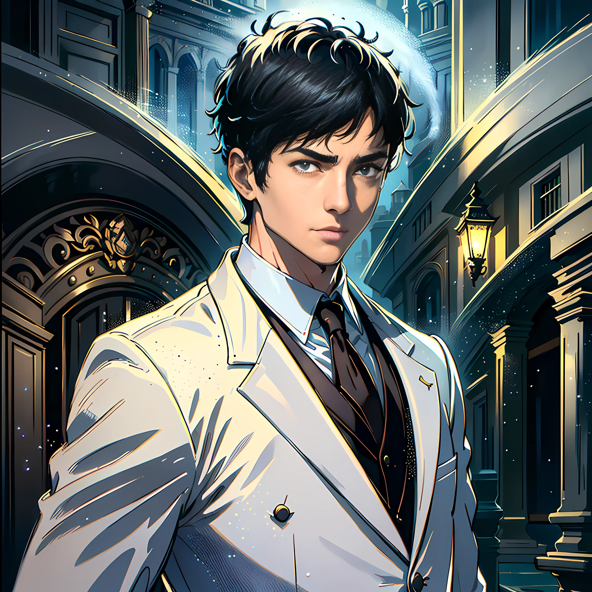 At night, a handsome boy, standing at the gate of the villa, white suit, facial hyper-detail, short black hair, black eyes, facial hyper-detail, highly realistic, 4K, chiaroscuro, super high detail