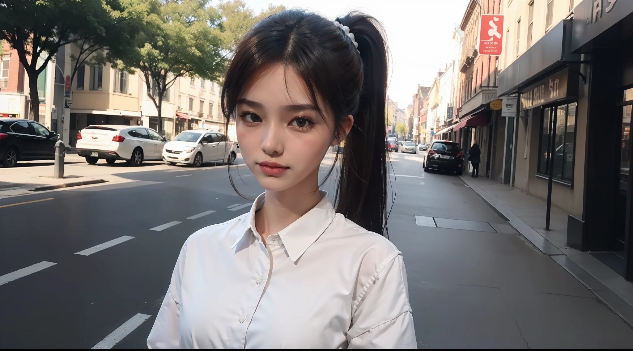 ((top quality, 32k, masterpiece: 1.3)), portrait, sharp focus, 1 girl, 18 years old, pretty woman with perfect figure: 1.4, slender abs: 1.1, ((dark brown hair, big: 1.2)), (white shirt, black apron: 1.3), street, ultra detailed face, detailed eyes, double eyelids, gentle smile, ponytail, sunlight, natural light,