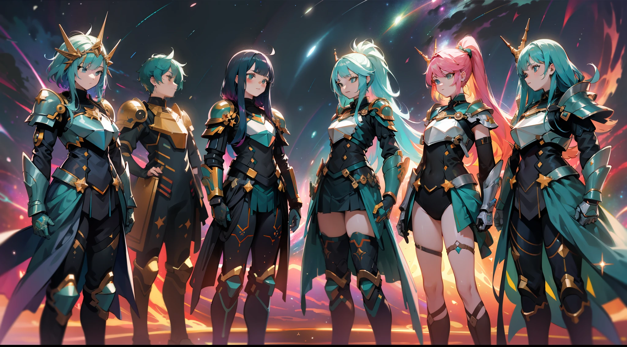 a group of women with rainbow colored hair and detailed teal dress armor, standing, rainbow colored cosmic nebula background, stars, galaxies, intricate details, perfect face