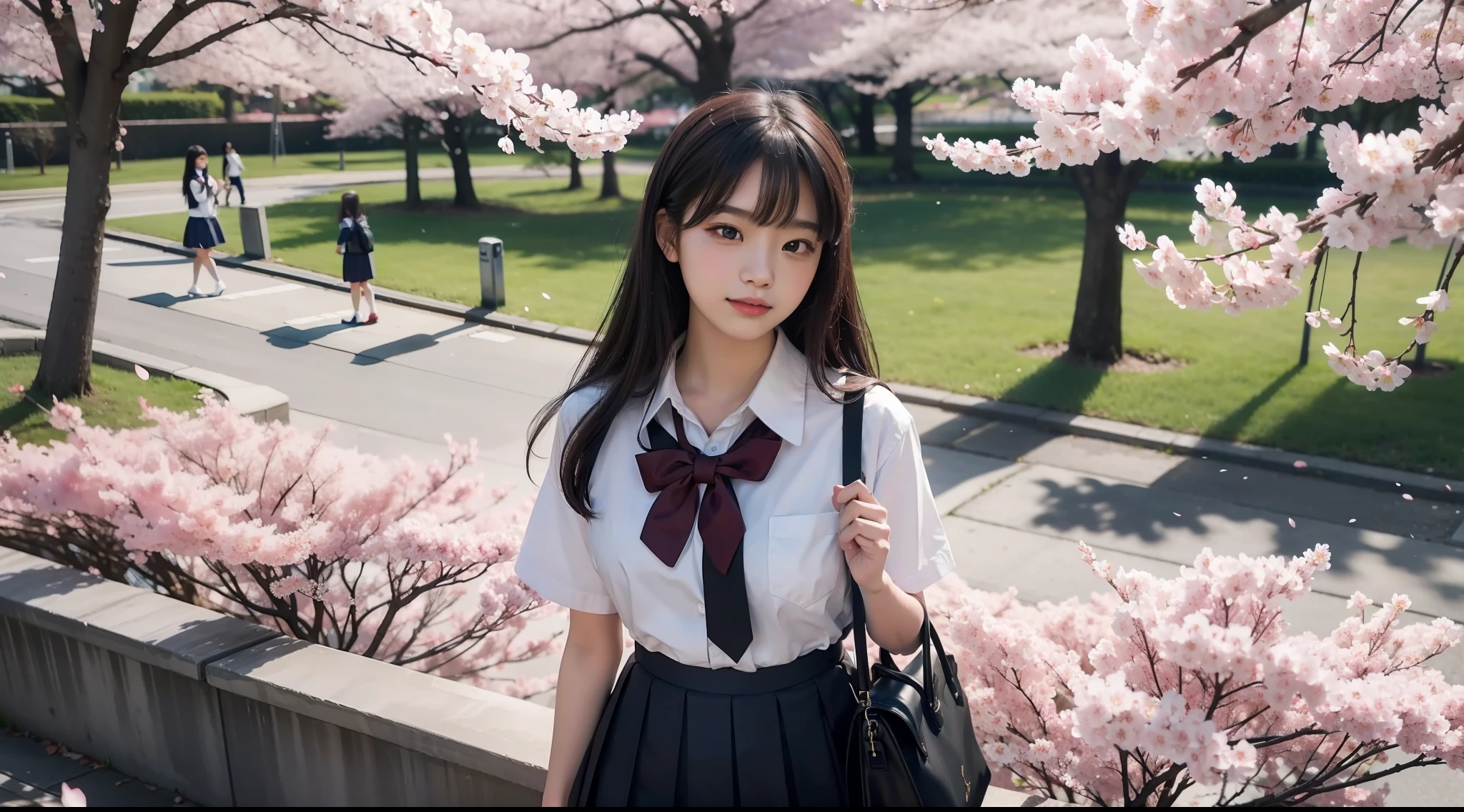 jpnidol, 1 girl, school uniform, cherry blossoms, masterpiece, high quality, looking at the audience,