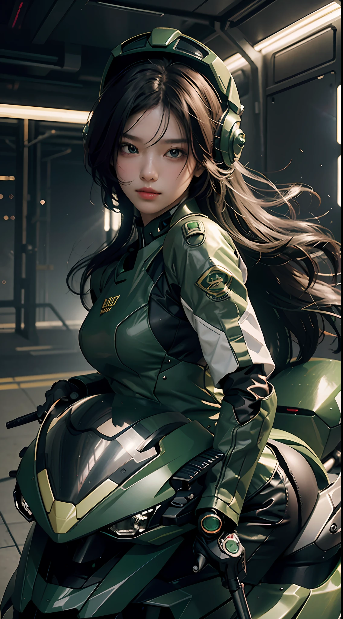 Highest image quality, outstanding details, ultra-high resolution, (realism: 1.4), the best illustration, favor details, highly condensed 1girl, with a delicate and beautiful face, dressed in a black and green mecha, wearing a mecha helmet, holding a directional controller, riding on a motorcycle, the background is a high-tech lighting scene of the future city.