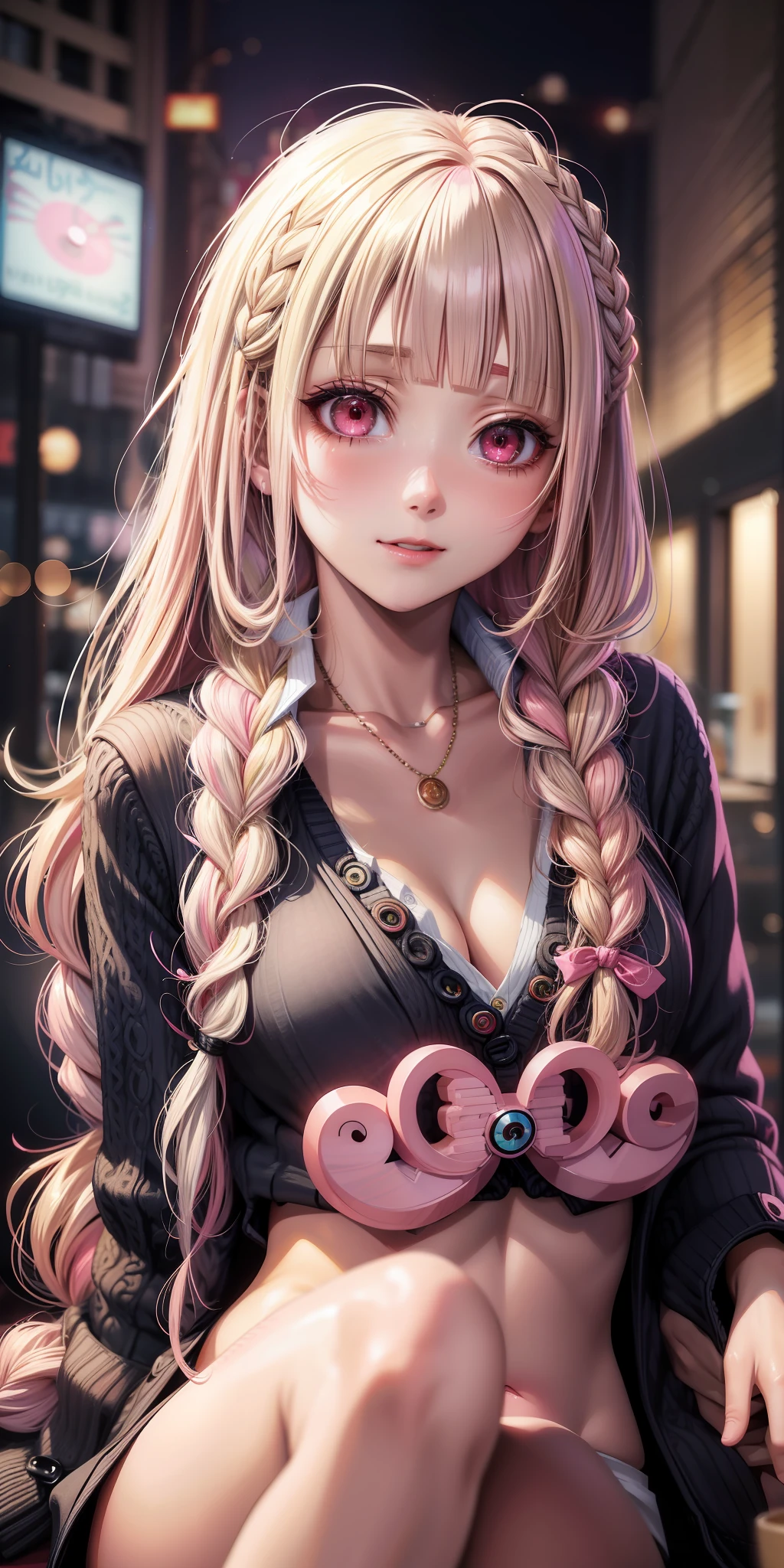 (((anime))), ((animated)), (GAL), medium hair, (braid hair:1.3), (blunt bangs:1.2),two-tone hair, blonde hair, (pink hair), round face, red eyes, (drooping eyes), (((tareme))),Pink Lip,piercing,necklace,[black skin], light smile, ((((cute)))), beautiful, 1 girl, solo, (cardigan:1.4), [cleavage cutout],masterpiece,best quality,exquisite