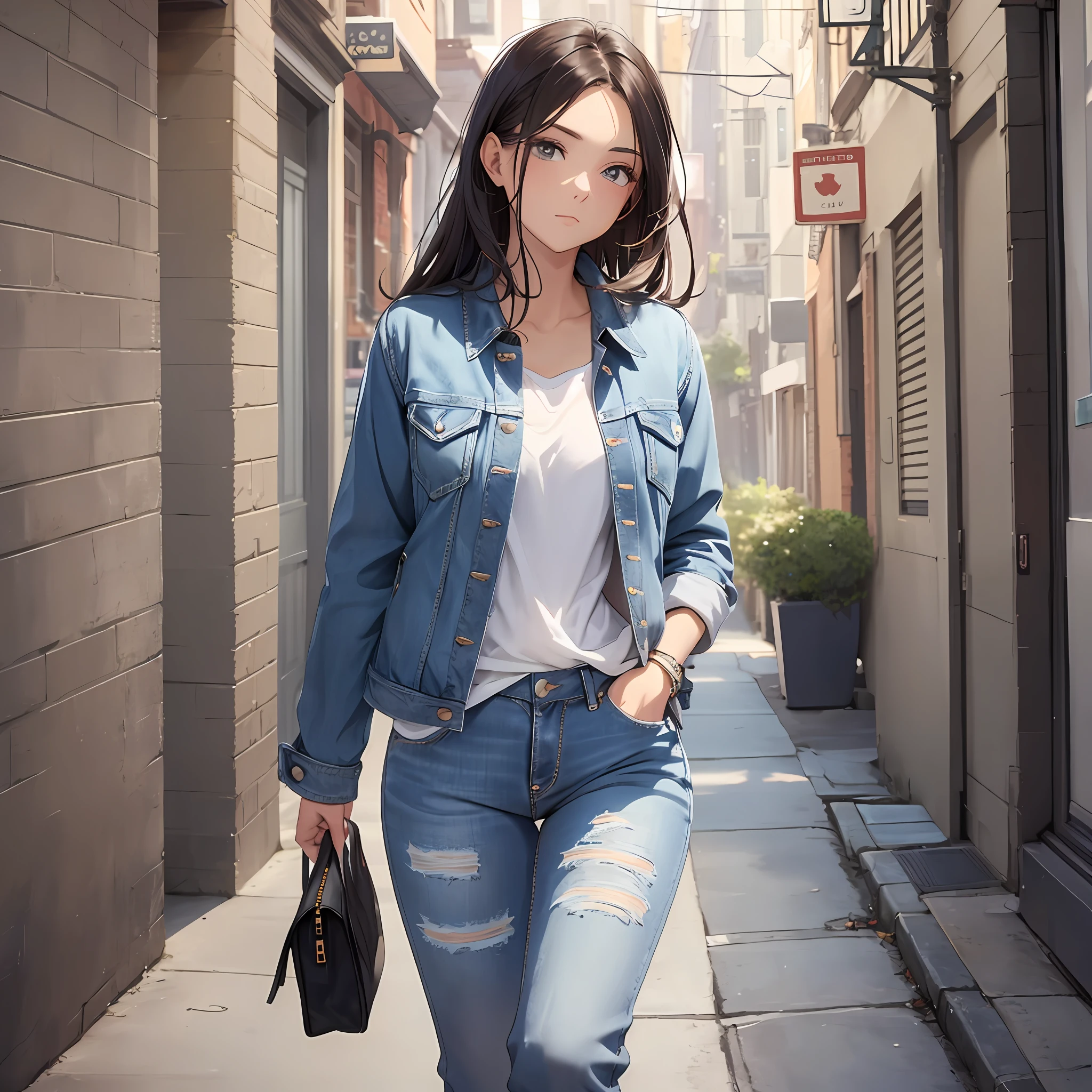 Back view of a beautiful woman wearing a casual jacket and jeans
