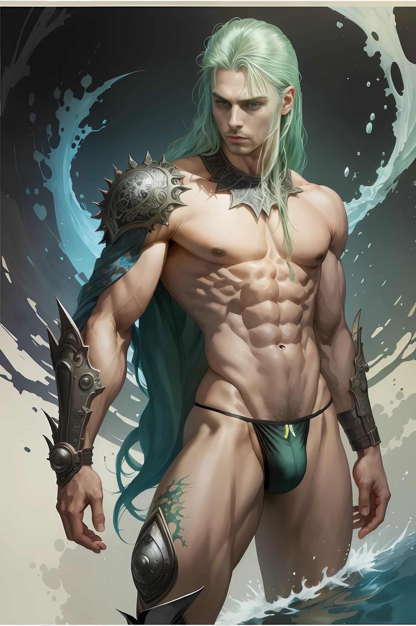 (masterpiece, best quality), 1boy, wearing micro thong, full mast, erect bulge, see-through thong , mushroom water world, wide angle, athletic body, male, iridescent skin, flat chest, silver eyes, green hair styled in spikes, determined expression, bioluminescent lighting, small waist, broad chest, big mane, slim scruffy, muscular , illustration, watercolor ink sketch, (best quality)), intricate detailed,solo, masterpiece, art by hermann nitsch, zdzislaw beksinski, dariusz zawadzki, giger, dragan bibin and l