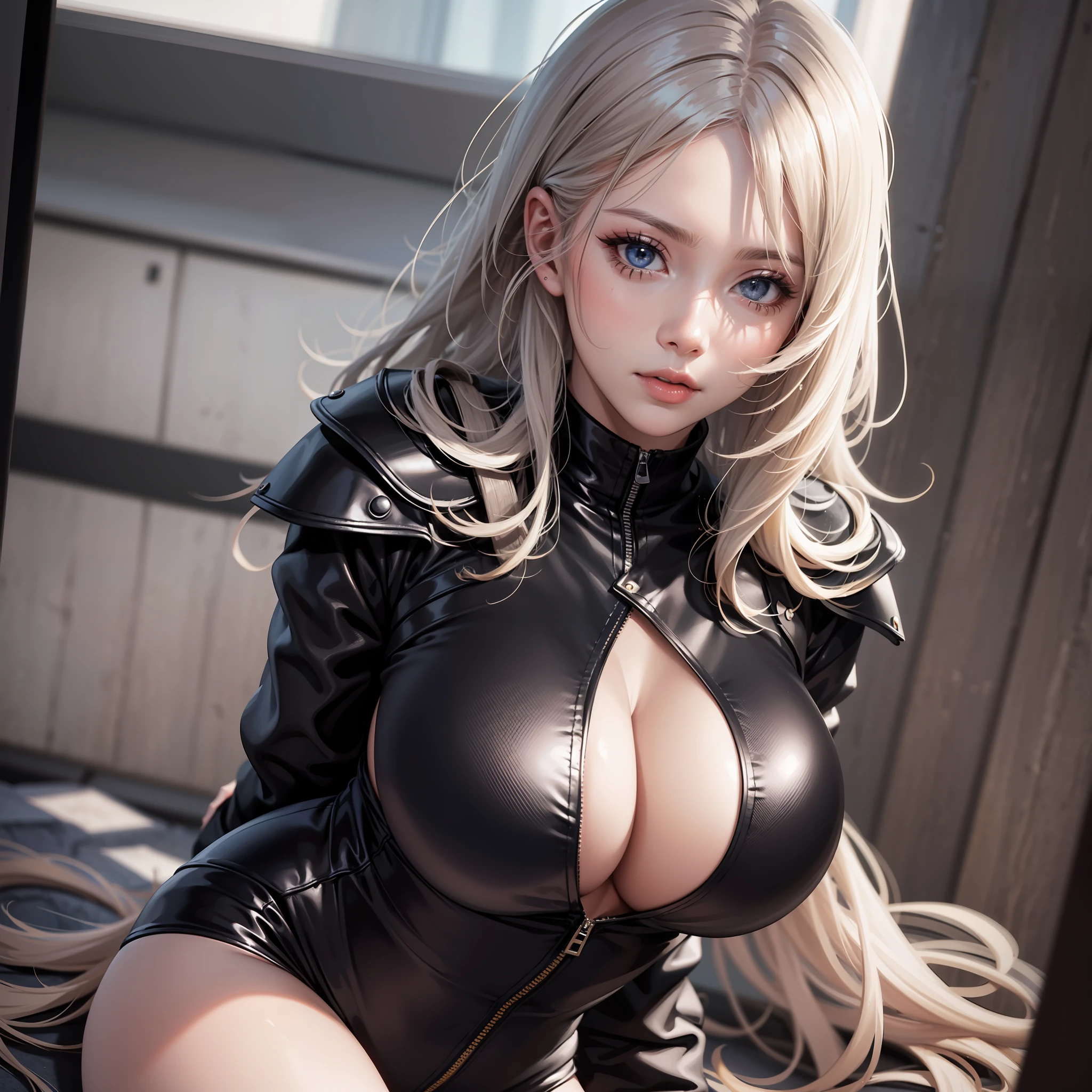 a girl in a seductive open black suit looking forward to the camera in her office surrounded by people, big boobs, sfw, beautiful face, model beauty, final fantasy style, hyperrealism, celshaded anime, curvy but slender, busty, high res, 8k, 1girl, solo, perfect body, perfect face, detailed facial features --style Semi Impasto --auto --s2