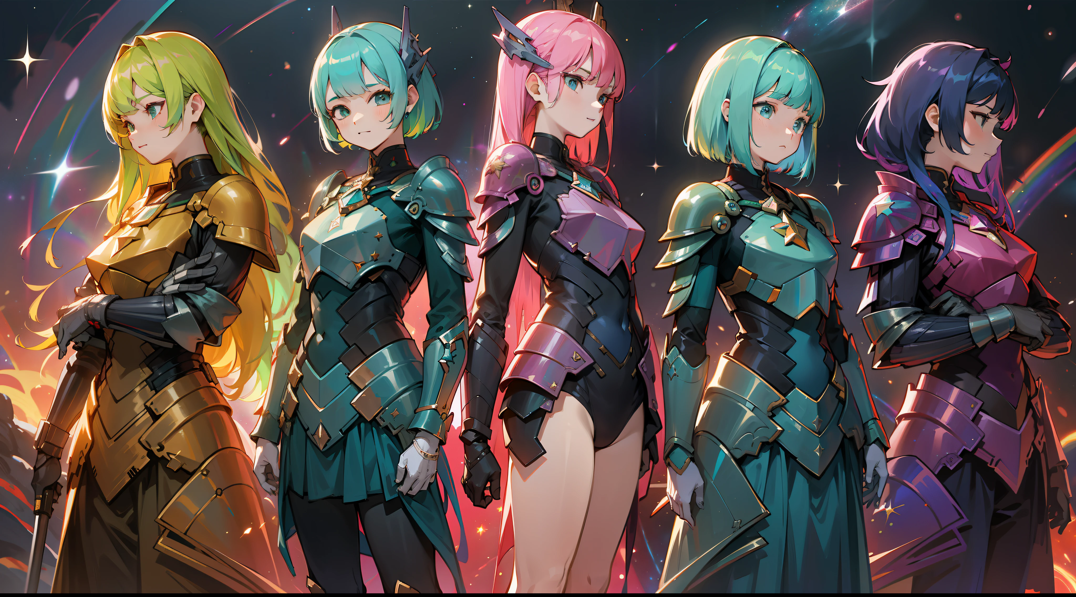 a group of women with rainbow colored hair and detailed teal dress armor, standing, rainbow colored cosmic nebula background, stars, galaxies, intricate details, perfect face