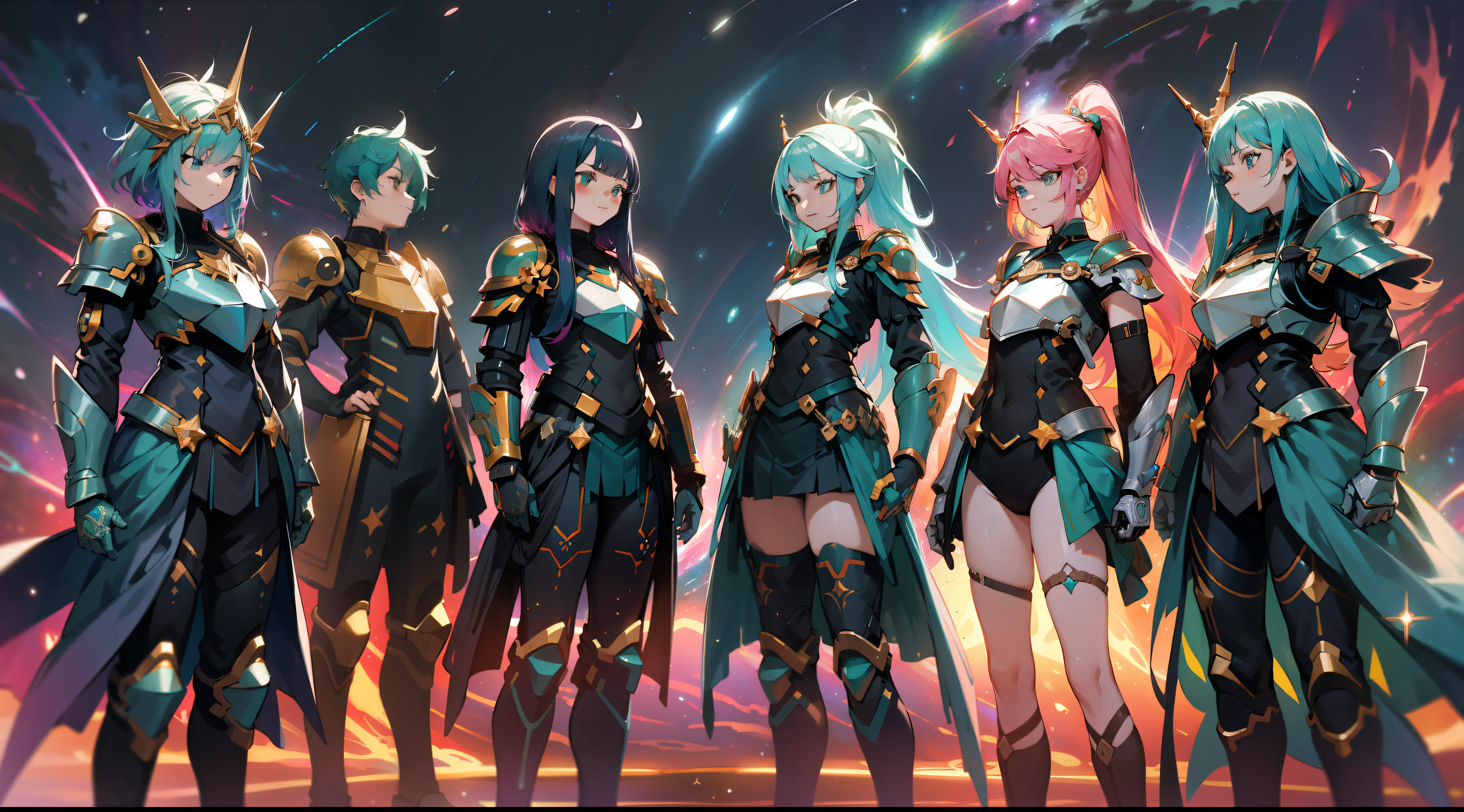 a group of women with rainbow colored hair and detailed teal dress armor, standing, rainbow colored cosmic nebula background, stars, galaxies, intricate details, perfect face