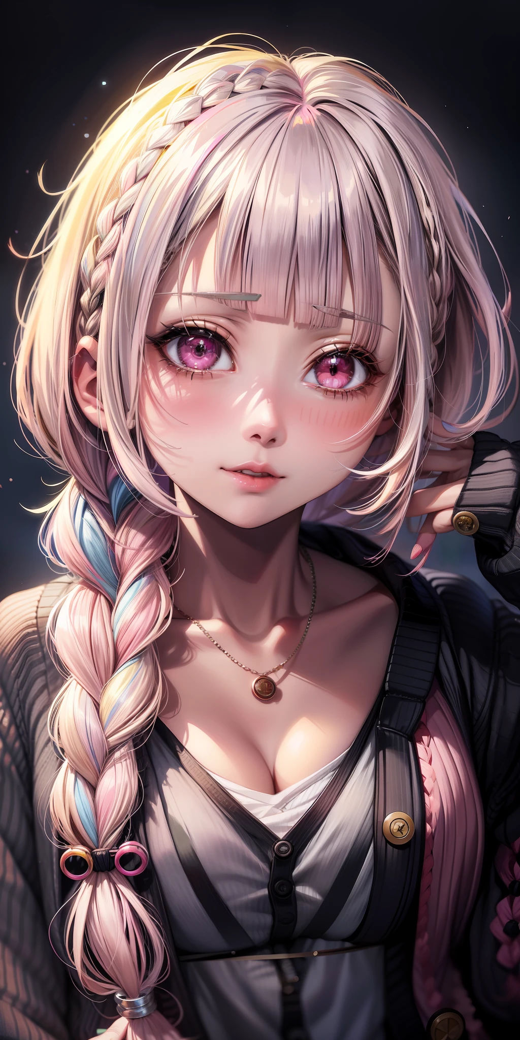 (((anime))), ((animated)), (GAL), medium hair, (braid hair:1.3), (blunt bangs:1.2),two-tone hair, blonde hair, (pink hair), round face, red eyes, (drooping eyes), (((tareme))),Pink Lip,piercing,necklace,[black skin], light smile, ((((cute)))), beautiful, 1 girl, solo, (cardigan:1.4), [cleavage cutout],masterpiece,best quality,exquisite