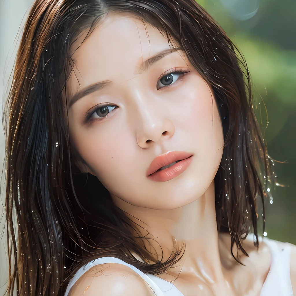 (Best quality, 4k, Masterpiece :1.3), pretty woman, 1girl, sexy :1.1, dark brown hair: 1.1, (rainy wet, wet from rain, wet body :1.2), white tank tops, ultra-detailed face, detailed lips, detailed eyes, double eyelid