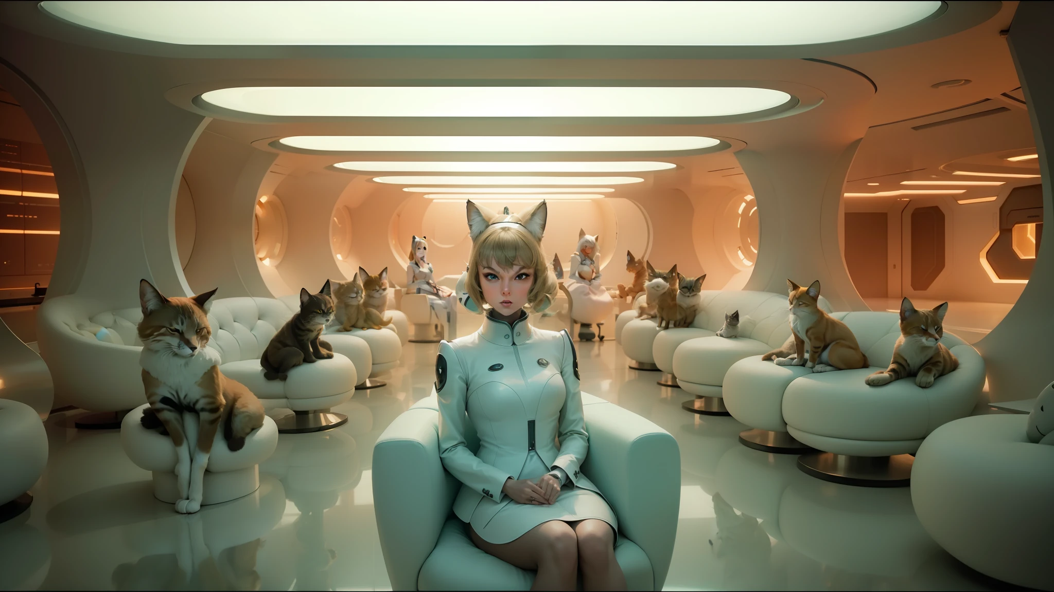 araffes in a futuristic room with a woman sitting on a chair, with cats on her side, taylor swift face, futuristic cloning facility, anthropomorphic fox, commercial shot, cream - colored room, unique style, bun, torus energy, mmo, perfect symmetry, high collar, queen --auto --s2