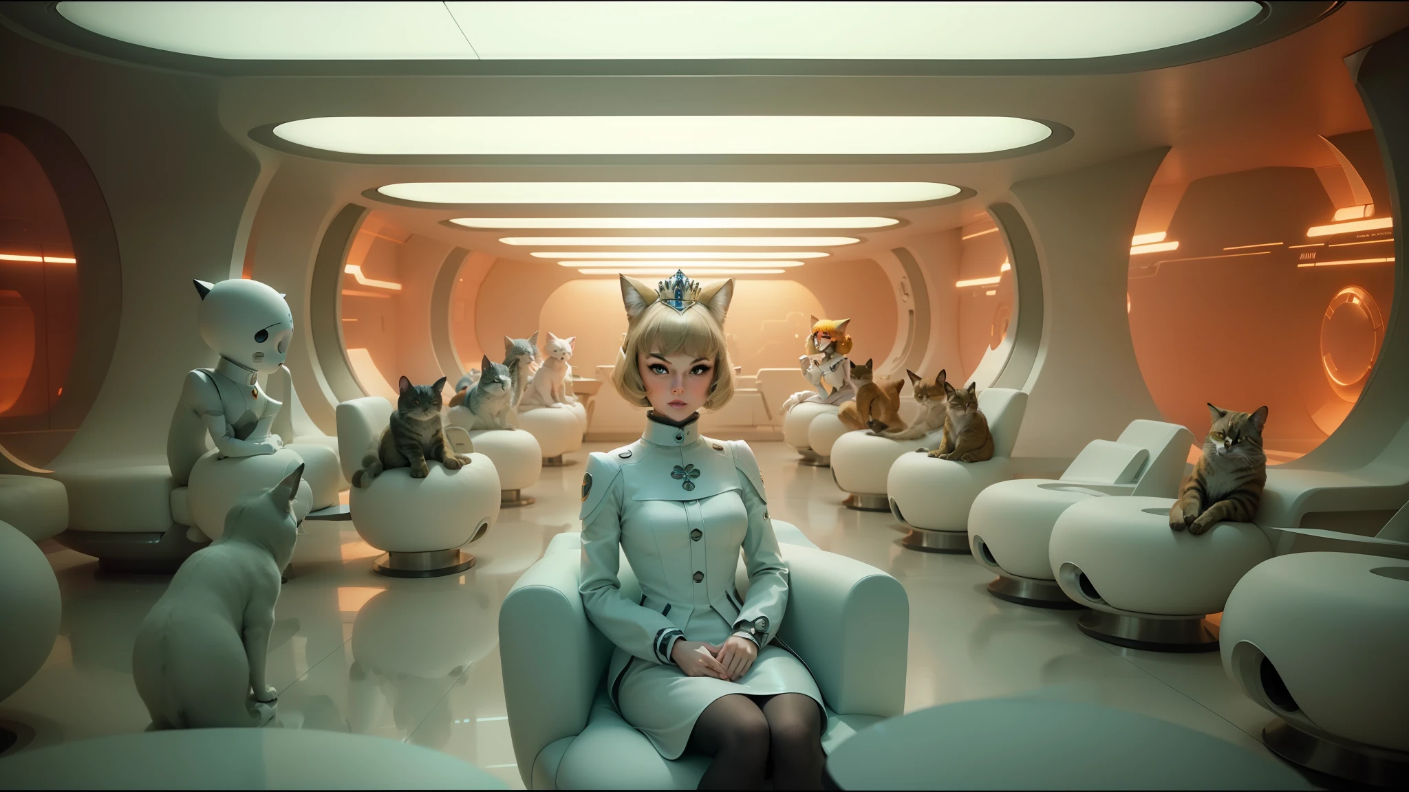 araffes in a futuristic room with a woman sitting on a chair, with cats on her side, taylor swift face, futuristic cloning facility, anthropomorphic fox, commercial shot, cream - colored room, unique style, bun, torus energy, mmo, perfect symmetry, high collar, queen --auto --s2