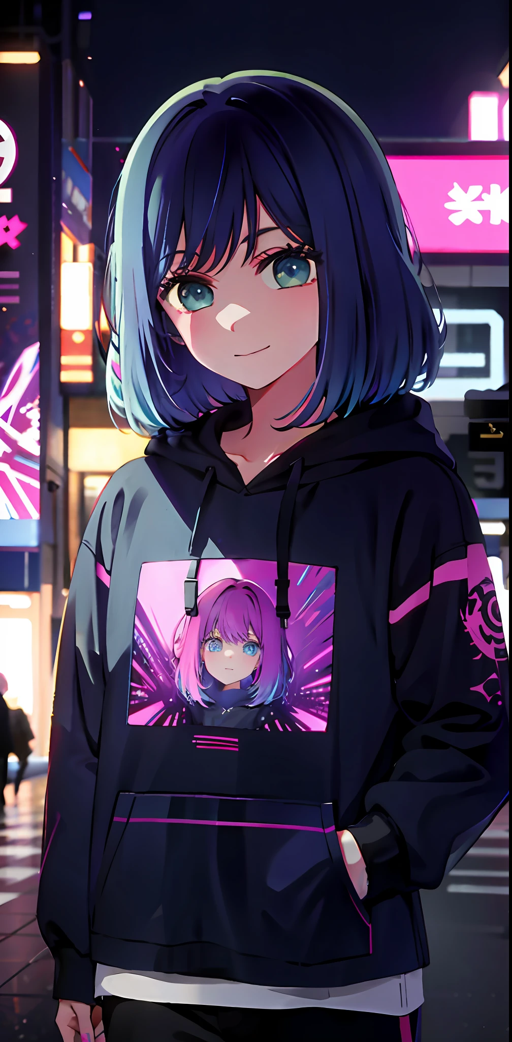 pink hair color, detailed background, masterpiece, best quality, smile, ornament, hoodie, portrait, blue neon, graffiti, dark, night, glowing eyes, black light