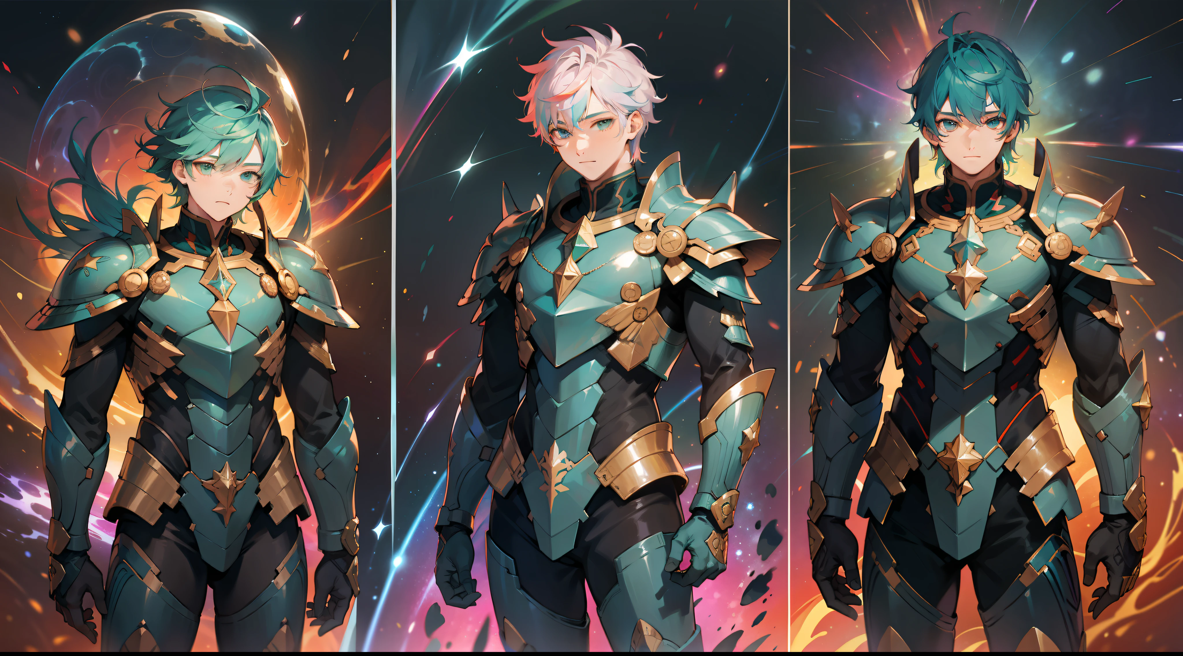 boys with rainbow colored hair and detailed teal armor, standing, rainbow colored cosmic nebula background, stars, galaxies, intricate details, perfect face