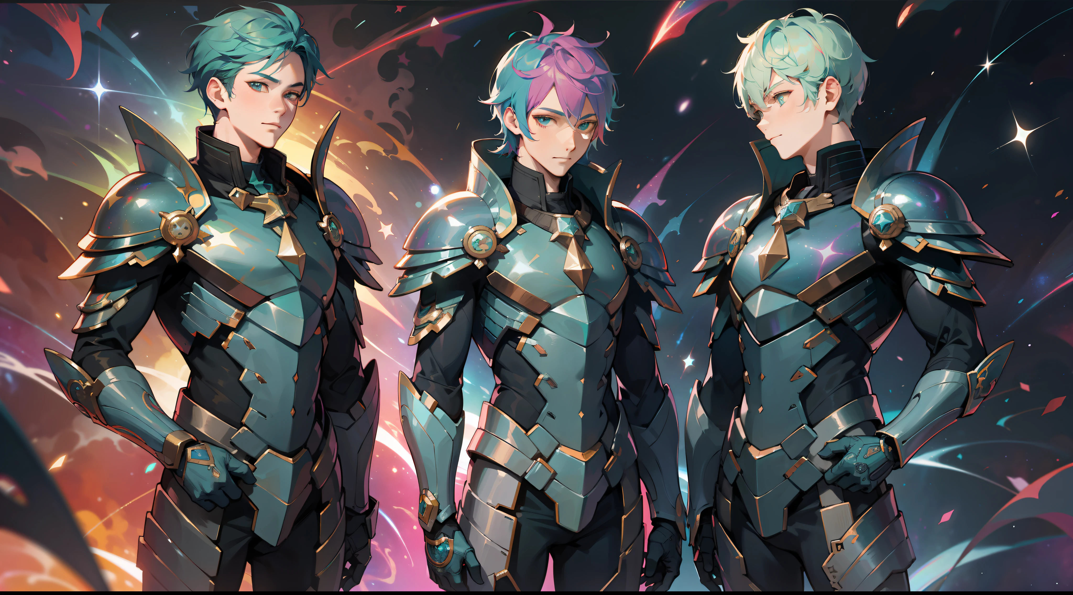 boys with rainbow colored hair and detailed teal armor, standing, rainbow colored cosmic nebula background, stars, galaxies, intricate details, perfect face