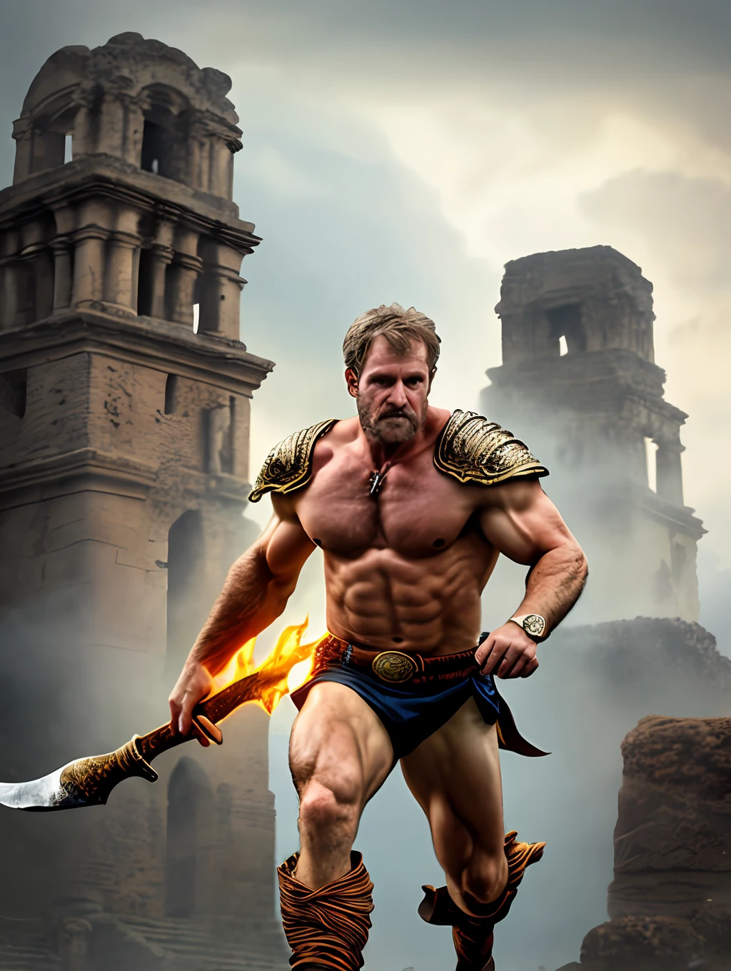 masterpiece, detailed, intricate, epic fantasy, colorful, full body, slight angle, man, 50 years old, hulking, brawny, fitted, ankle wraps, very hairy torso, fine detailed, running, intense action, dynamic juxtaposition, skimpy revealing slavery outfit, receding hairline, smirk, gladiator, with a sword, blades, big ancient city on fire in the background, heavy rain, pointing away, depth of field, particle effects, high quality shadows, intense action