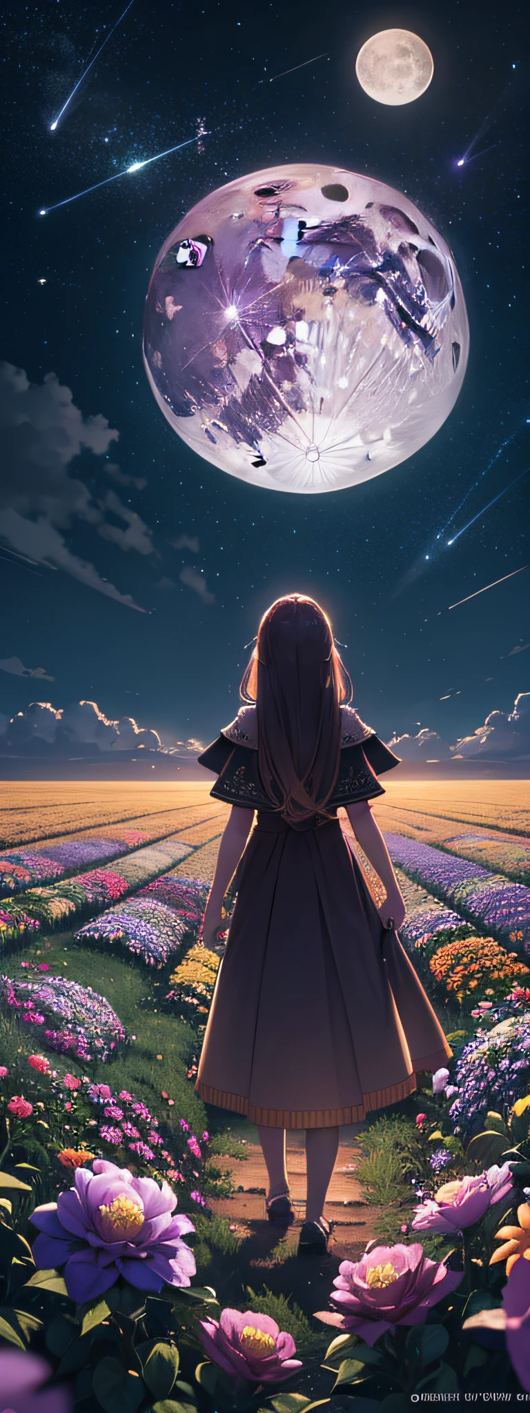 Vast landscape photo, (viewed from below, the sky is above and the open field is below), a girl standing on a flower field looking up, (full moon: 1.2), (meteor: 0.9), (nebula: 1.3), distant mountains , Trees BREAK Crafting Art, (Warm Light: 1.2), (Fireflies: 1.2), Lights, Lots of Purple and Orange, Intricate Details, Volumetric Lighting, Realism BREAK (Masterpiece: 1.2), (Best Quality), 4k, Ultra-Detailed, (Dynamic Composition: 1.4), Very Detailed, Colorful Details, (Rainbow Colors: 1.2), (Glow Lighting, Atmospheric Lighting), Dreamy, Magical, (Solo: 1.2)