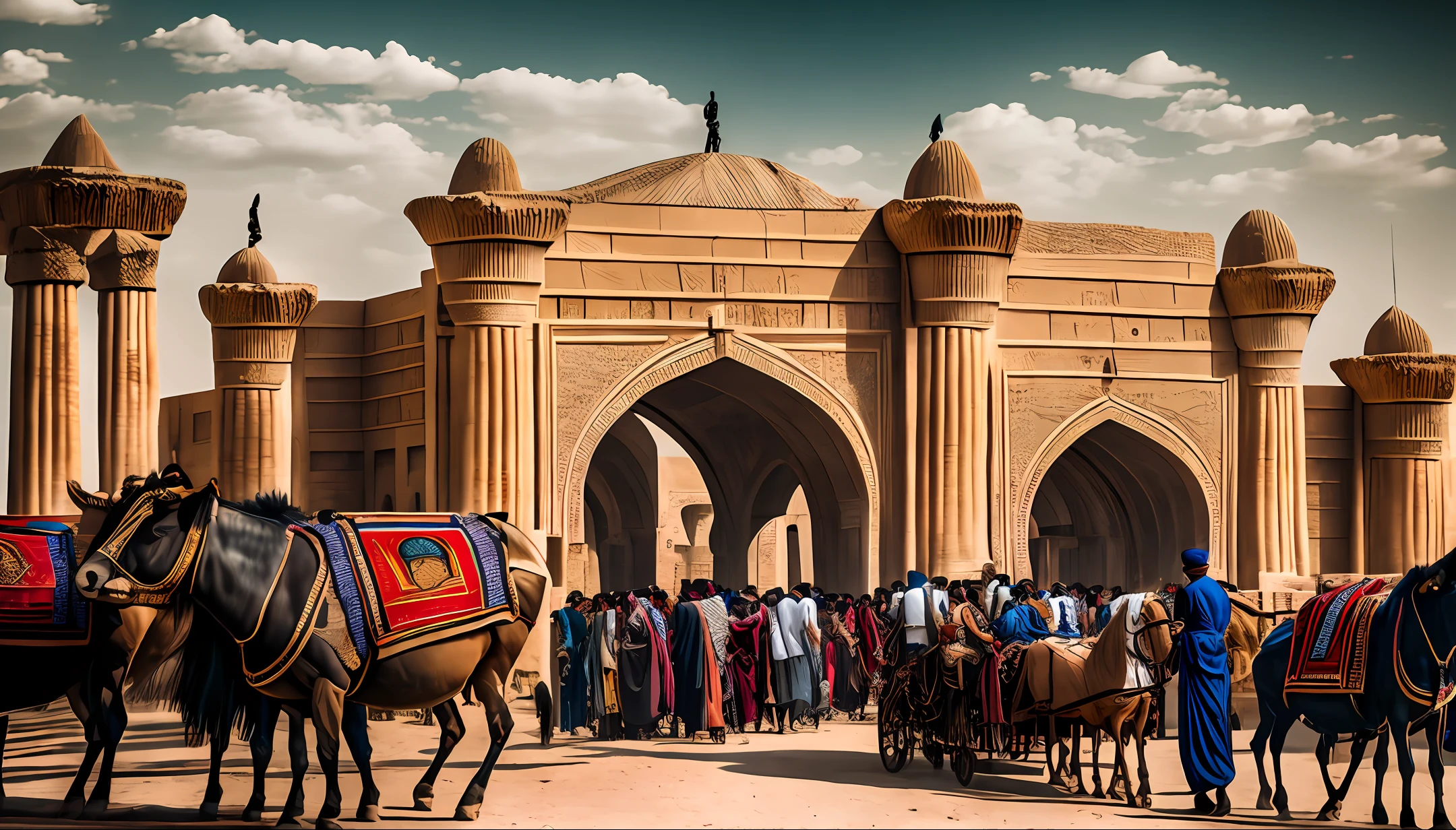 magnificent Babylon gate, a lot of people entering the gate with their carriage that pulled by buffaloes and horses, Akkadian guards checking all of passengers who trying to enter the gate, photography, realistic, hd --auto --s2