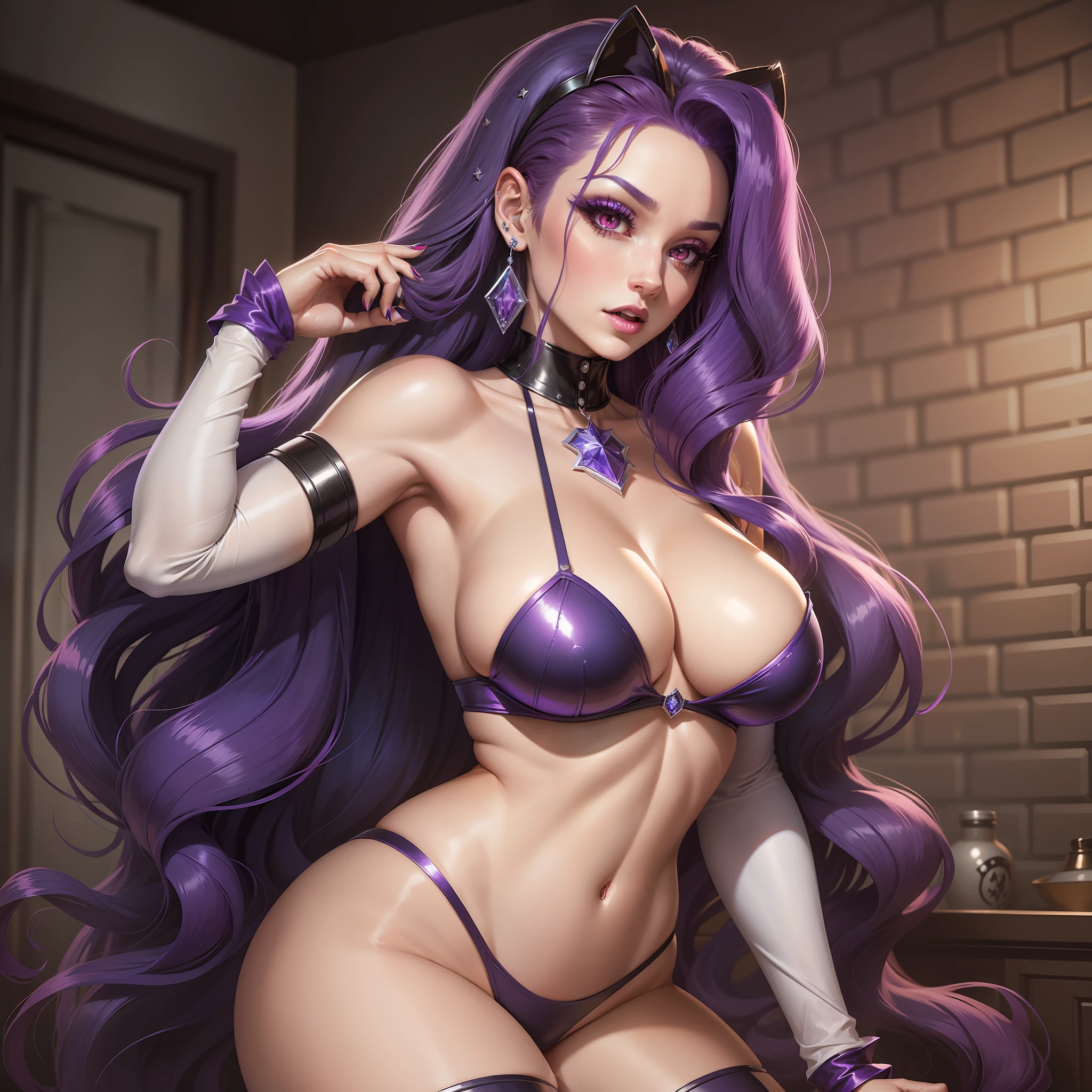 Rarity, Rarity from the cartoon May Little Pony, Rarity in the form of a girl, Long hair, Lush hair, dark purple hair, curled hair, voluminous , large breastsbreasts, bulgists, painted lipsngs with diamonds, vampire, red eyes, scary red eyes, Halloween