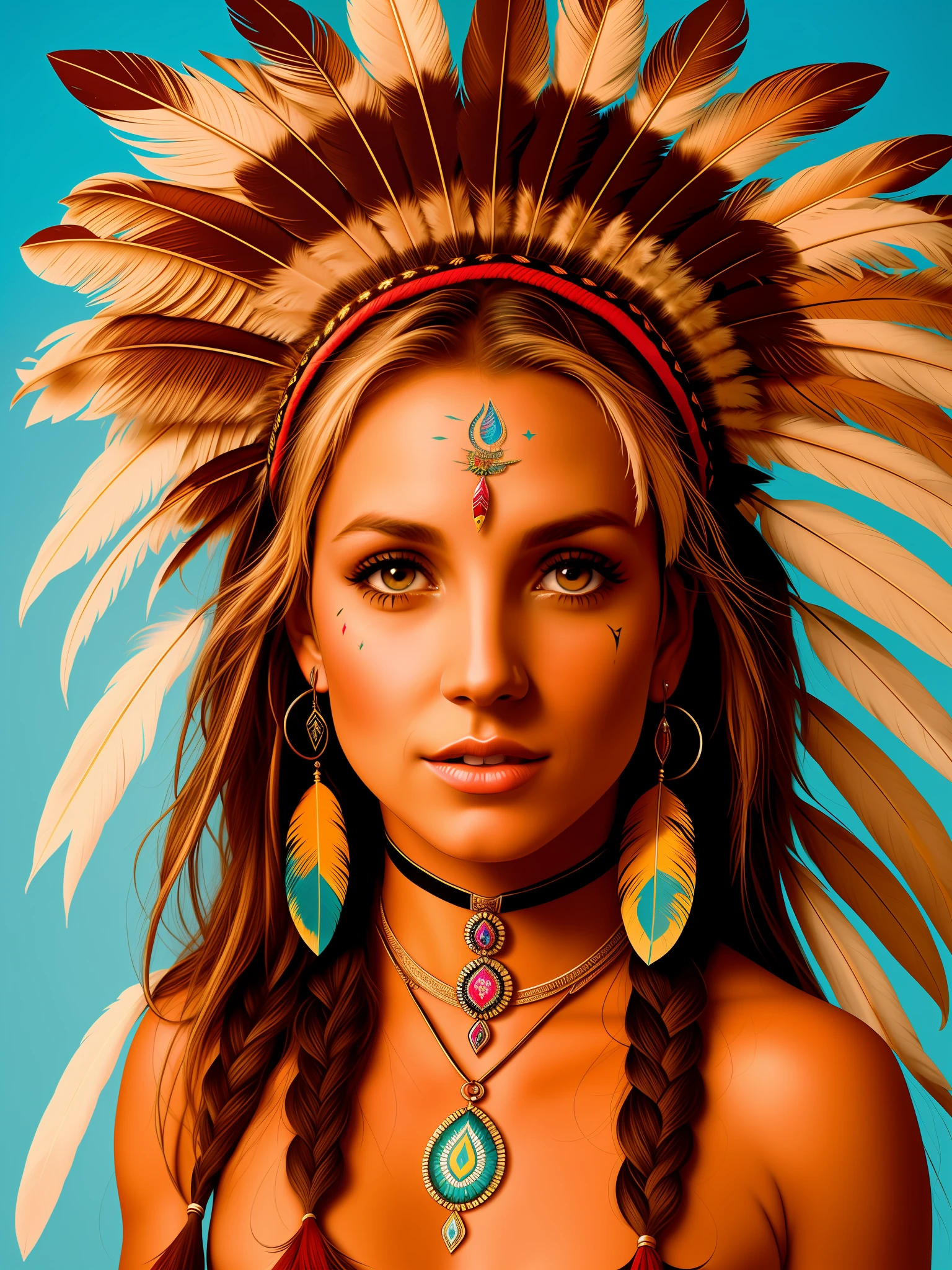 Britney Spears with Indian tribe painting on face, full body 8K Native American beautiful, woman, brown eyes, drawn by ppublish, feather headdress, colors, warrior