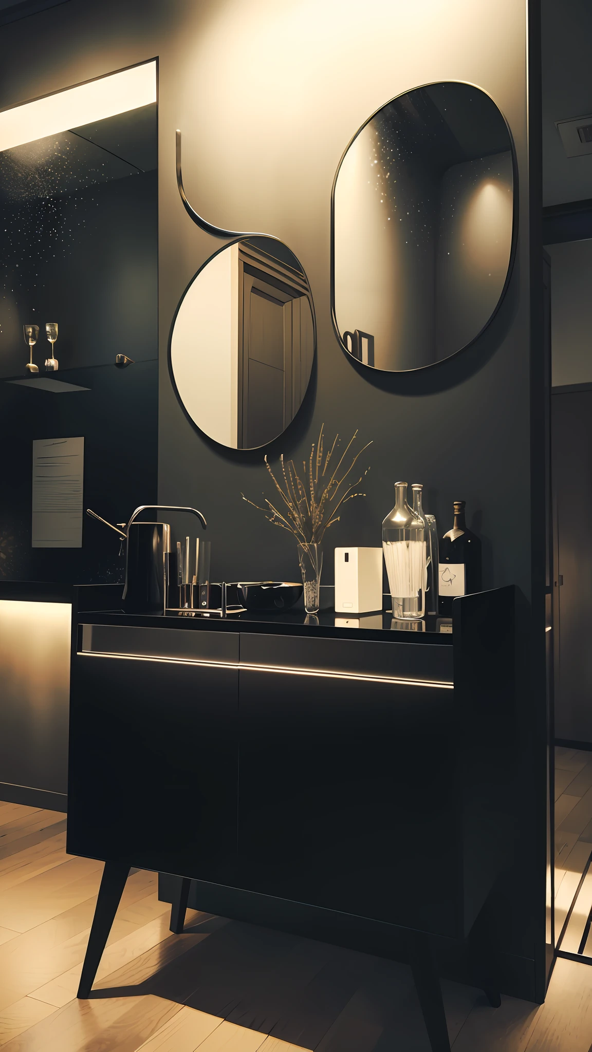 there is a black cabinet with a mirror and a bottle on it, mixed art, bar in background, cocktail bar, by Tom Wänerstrand, kitchen counter, city apartment, high angle view, decoration around the room, profile image, by Romain brook, apartment of an art student, taken in 2 0 2 0, 4k post, 4 k post