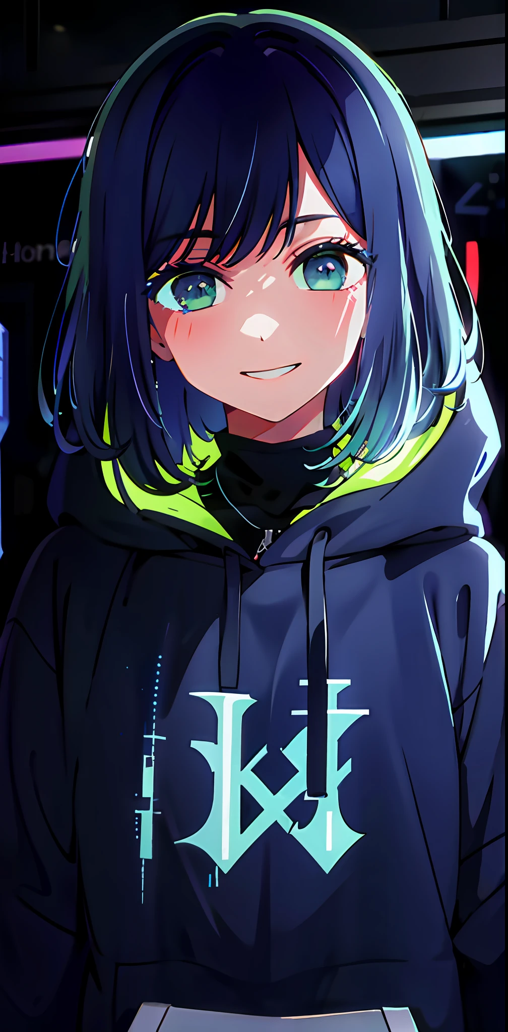 detailed background, masterpiece, best quality, smile, ornament, hoodie, portrait, blue neon, graffiti, dark, night, glowing eyes, blacklight