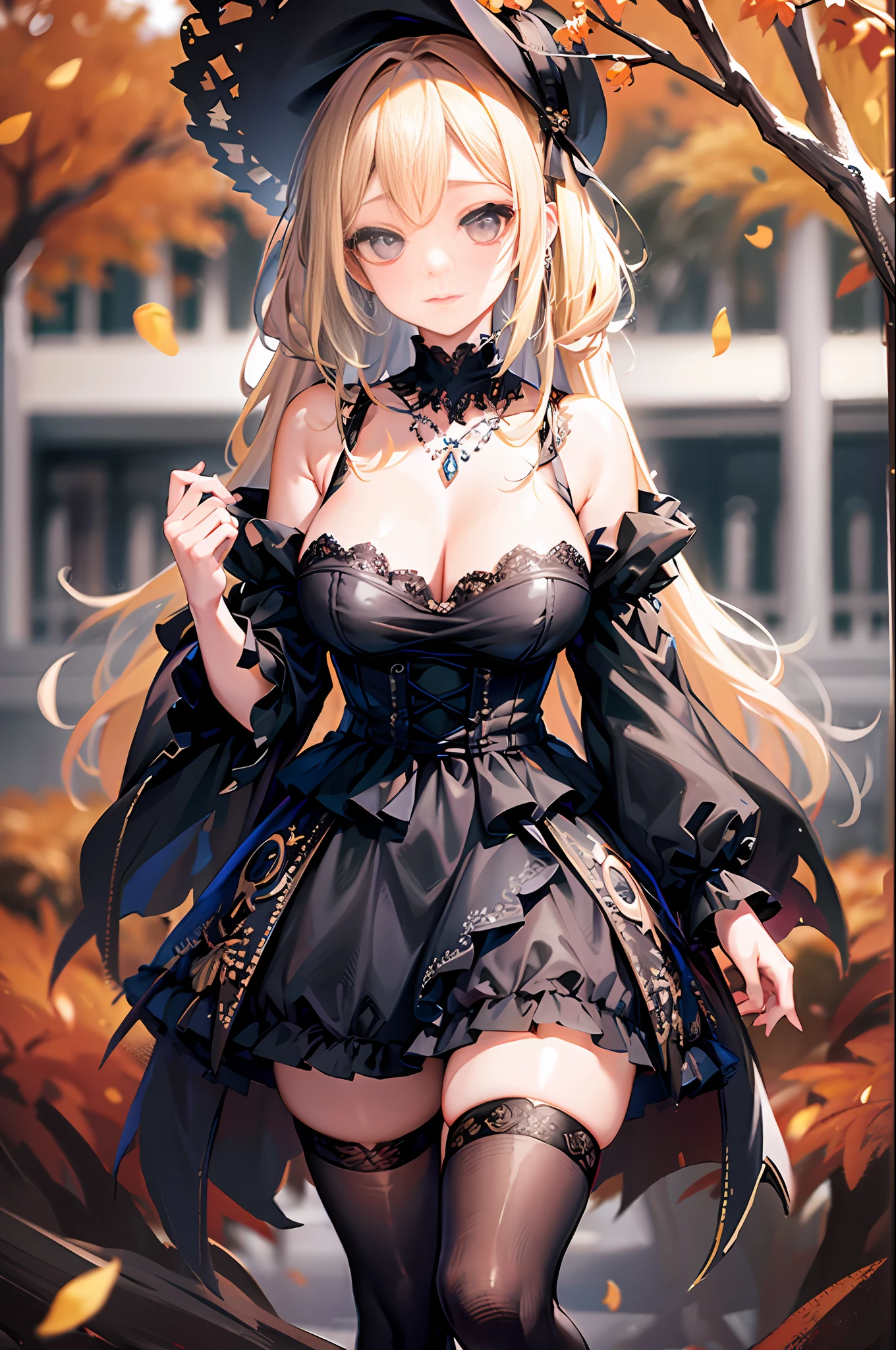 (Full body: 1.4), (Masterpiece: 1.2), (Best quality: 1.2), perfect eyes, perfect face, perfect lighting, 1 girl, mature female Goth standing, long blonde hair, complicated hairstyle, makeup, black lips, thick eyelashes, huge breasts, wearing gothic costume, black and white dress, black stockings, frills, ribbon, fluffy sleeves, bare shoulders, lace, necklace, jewelry, tranquility, quiet, cold, detailed outdoor background, beautiful landscape, fantasy, Autumn, warm colors, fallen leaves