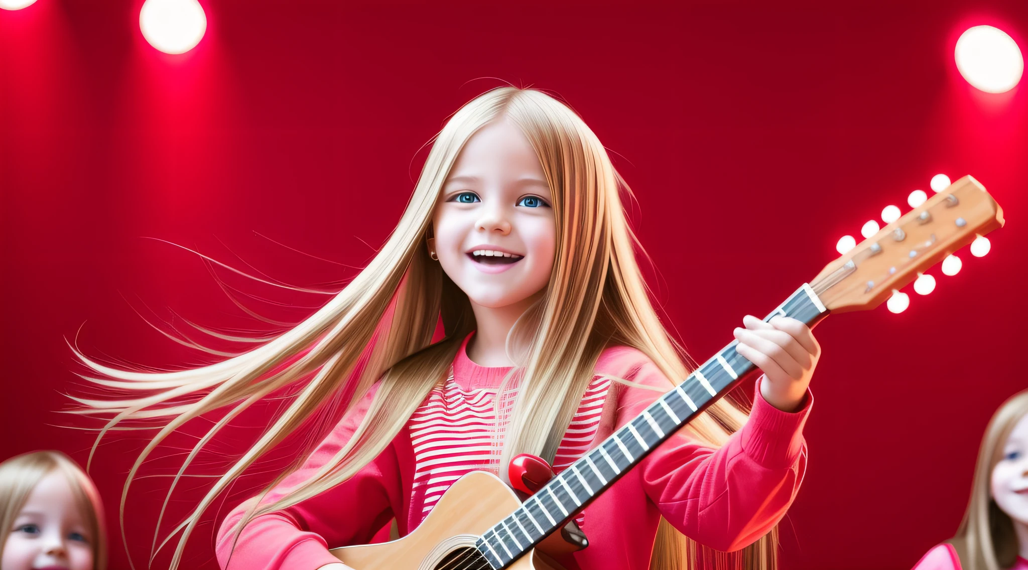 girls blonde children WITH STRAIGHT HAIR,RED BACKGROUND, (best quality, masterpiece), 1girl, idol, singing, happy, backlighting, long hair, stage, looking at the viewer,