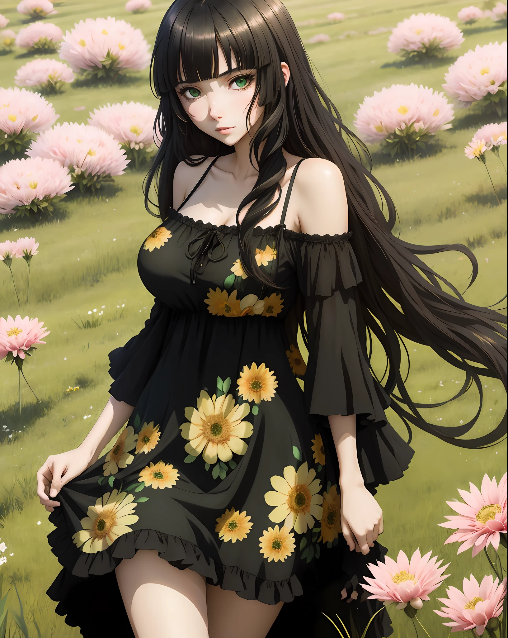 Young woman, anime, green eyes, black hair, long hair, wavy hair, big breasts, floral dress, open dress, short dress, strappy dress, cute face, field, flowers, grass, perfect body