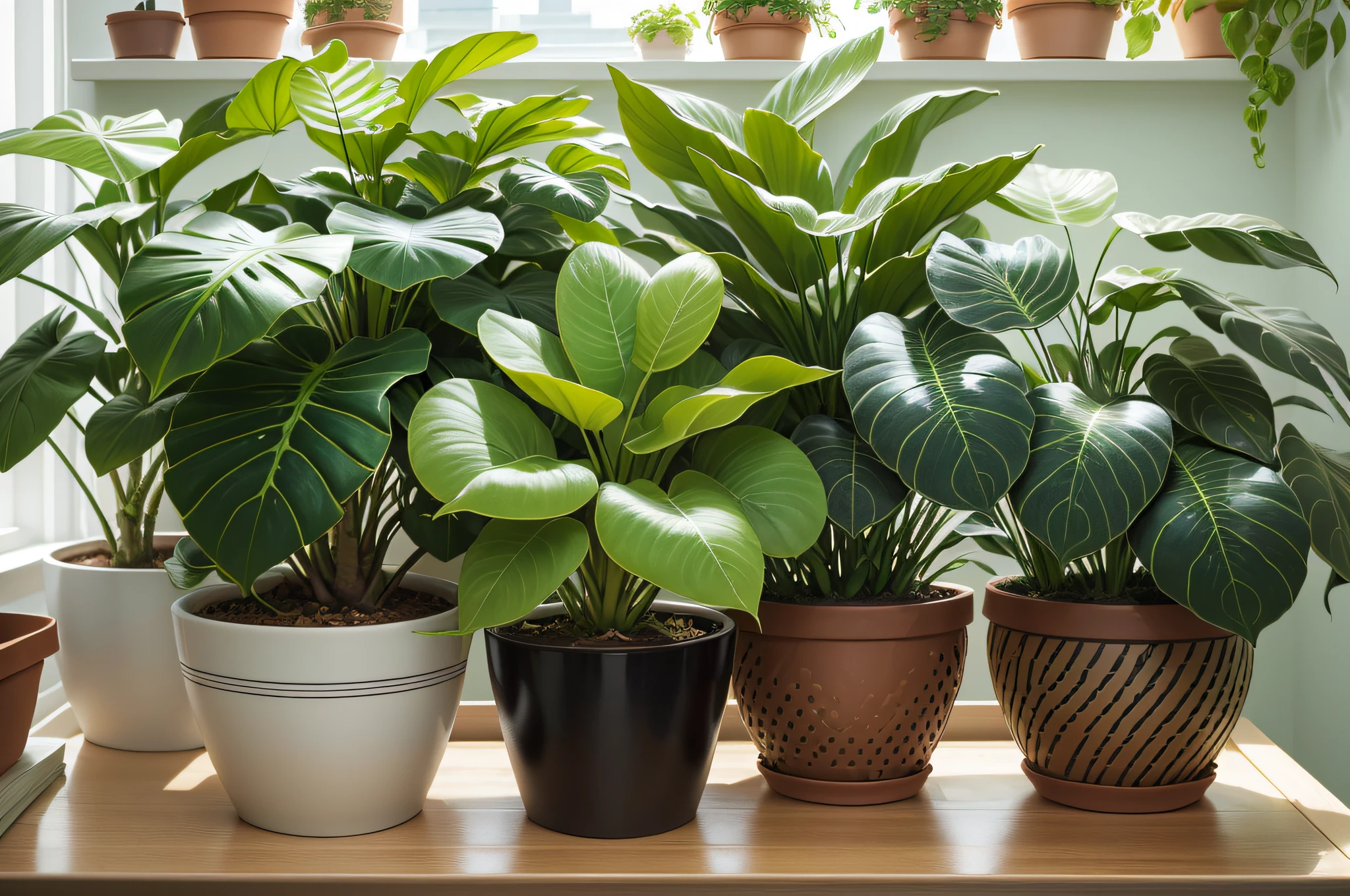 there are many potted plants on the shelves in the room, plants on pots and on the walls, plants and jungle, urban jungle plants, houseplants, pots with plants, house plants, potted plants, verdant plants, lush plants and bonsai trees, window sill with plants, lush verdant plants, pot plants, tropical houseplants, green plants, lush plant growth --auto --s2