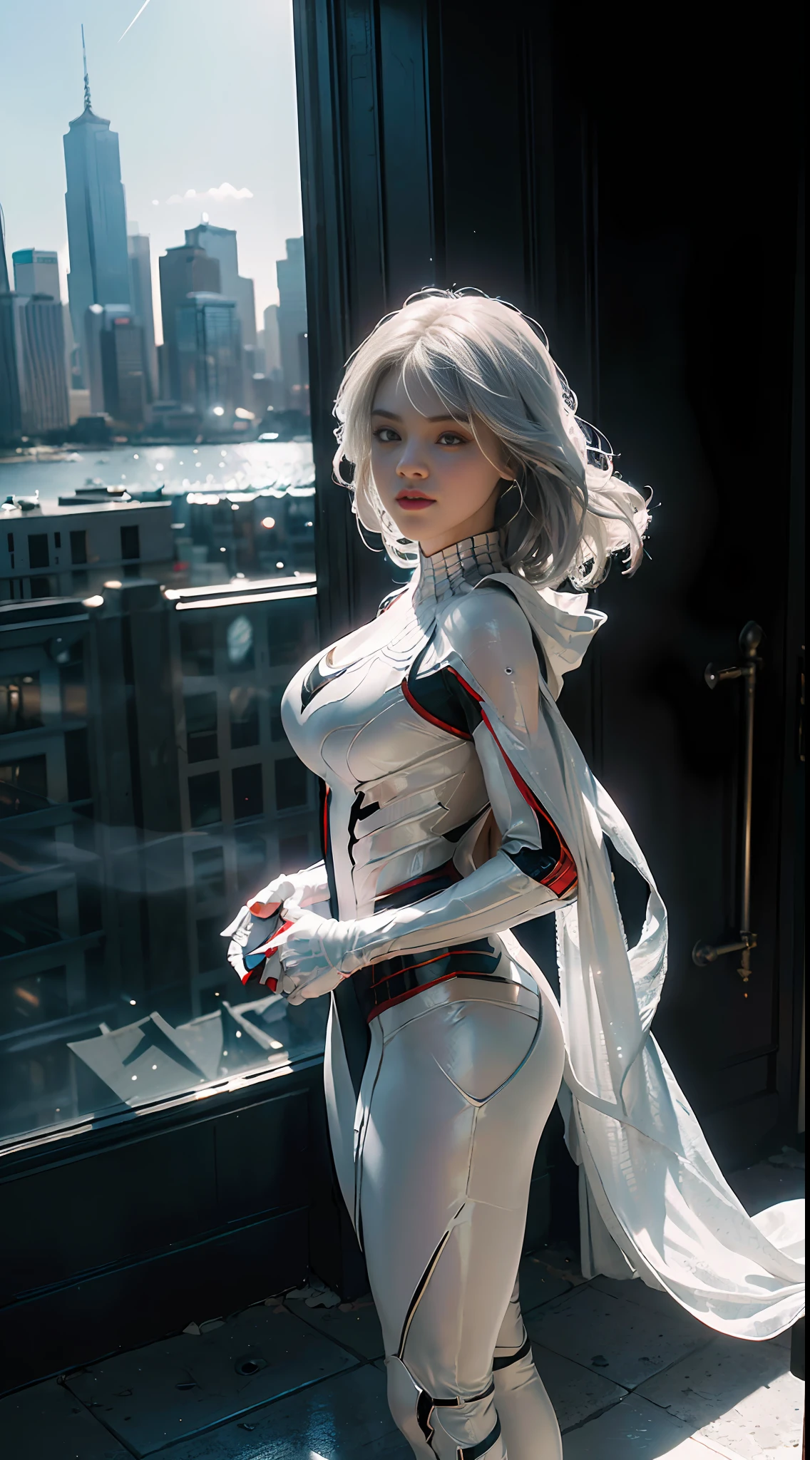 (Extreme Detail CG Unity 8K wallpaper, masterpiece, highest quality), (Exquisite lighting and shadow, highly dramatic graphics, Cinematic lens effect), (A girl in a white Spider-Man costume, from a parallel universe, city skyline in the background, dynamic pose), (excellent detail, outstanding lighting, wide angle), (excellent rendering, enough to stand out in its class)
