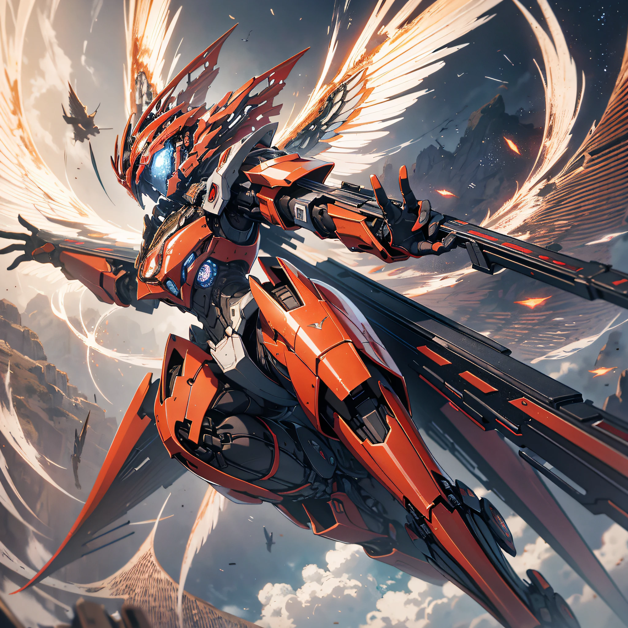 Absurd resolution, high resolution, (masterpiece: 1.4), hyper-detail, a mech, red armor with red wings, floating flight in the sky (1.8) The background is earth, fire