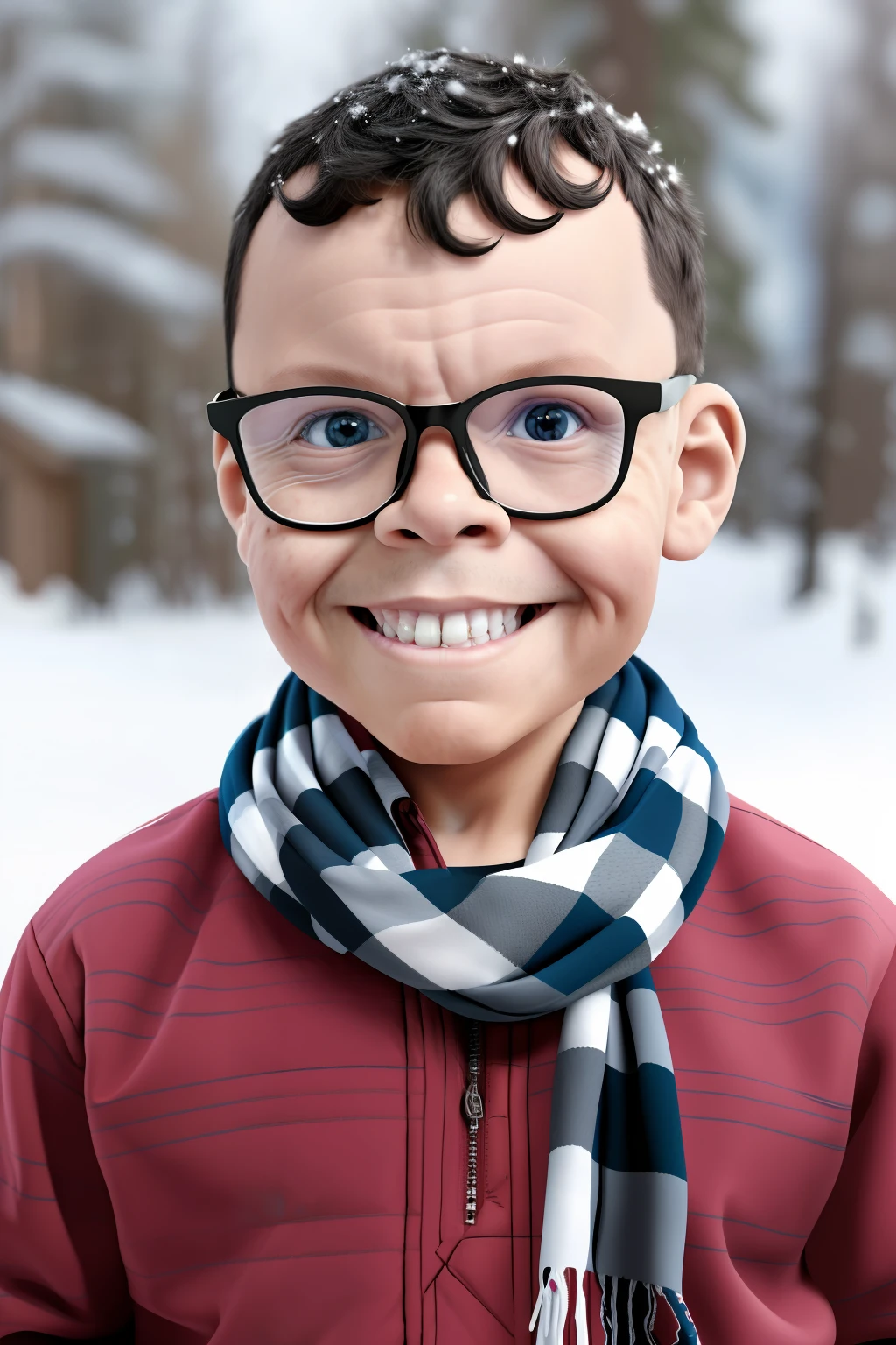 guttonerdvision4, A 3 year old boy wearing glasses, Detailed face and skin using plaid pullover and scarf and white, with cold, arms crossed, snow, realistic illustration drawn by Alex Ross, detailed and with depth of field to give more realism