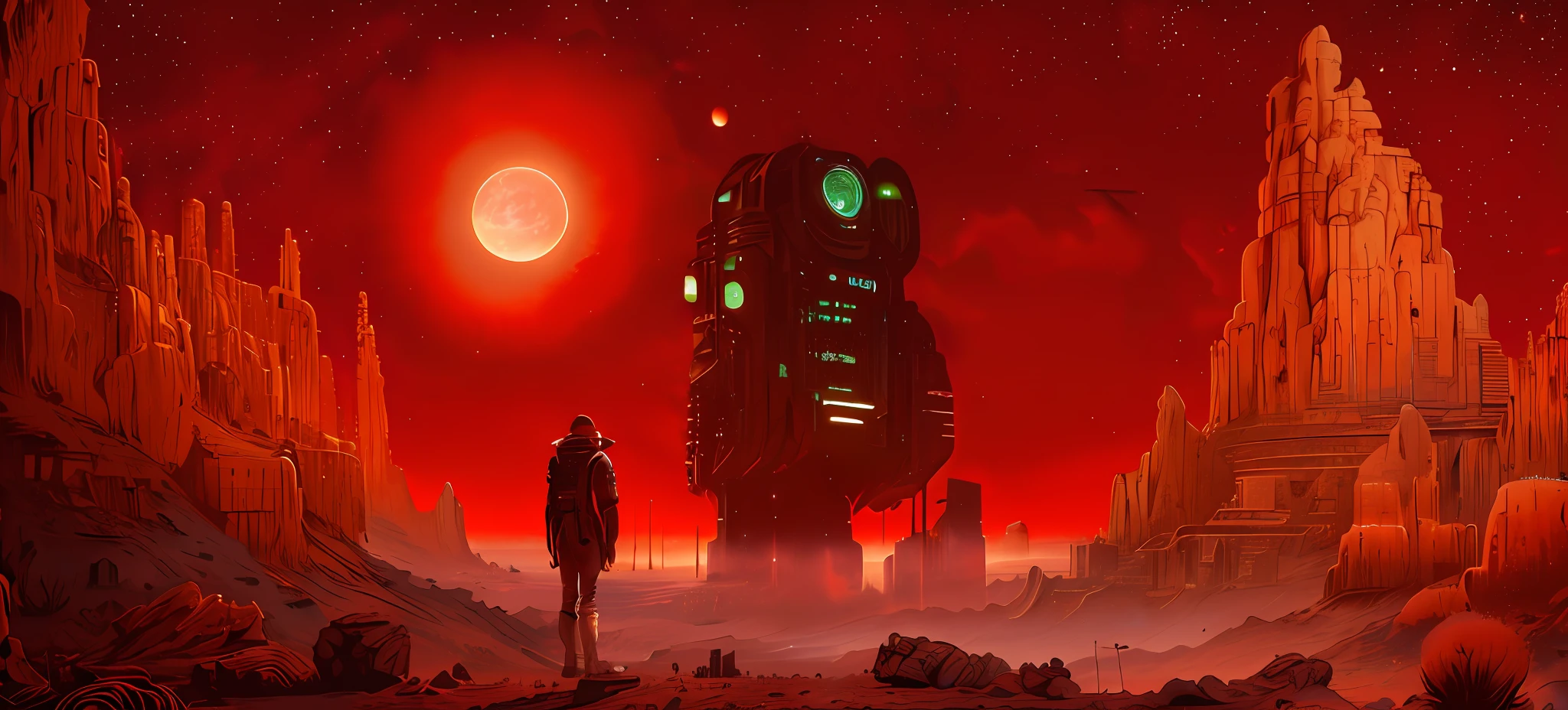 there is a man standing in front of a giant tower in a desert, sci-fi digital art illustration, sci - fi illustration, sci-fi illustration, sci-fi digital art, sci fi art, dark sci-fi art, sci - fi art, sci-fi art, greg beeple, sci fi artwork, artgem and beeple masterpiece