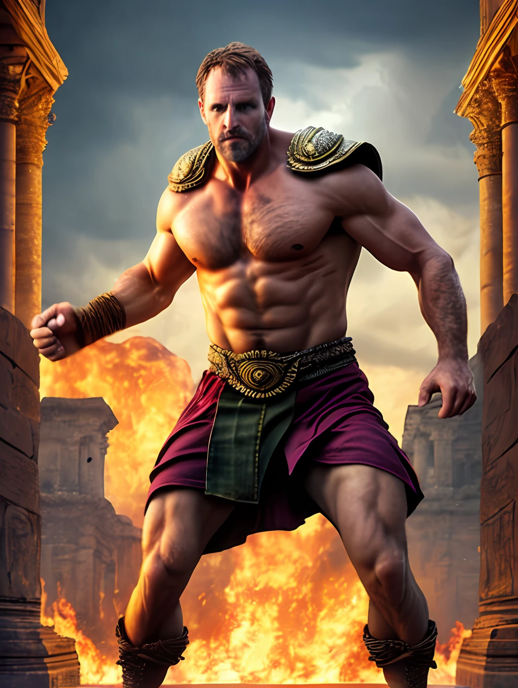 masterpiece, detailed, intricate, epic fantasy, colorful, full body, slight angle, man, 40 years old, hulking, brawny, fitted, ankle wraps, very hairy torso, fine detailed, running, intense action, dynamic juxtaposition, skimpy revealing slavery outfit, receding hairline, smirk, gladiator, with a sword, blades, big ancient city on fire in the background, heavy rain, smoggy, pointing away, depth of field, particle effects, high quality shadows, intense action